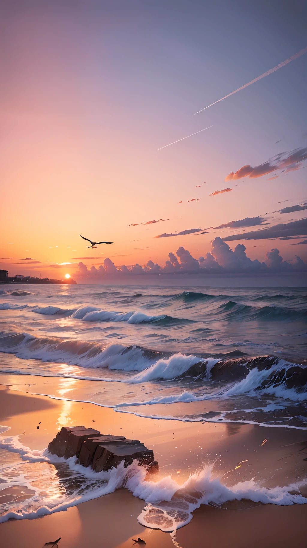 An absolutely mesmerizing sunset on the beach, with a mix of orange, pink, and yellow in the sky. The water is crystal clear, gently kisses the coast, and the white sand is endless. The scene is dynamic and breathtaking, with seagulls soaring high in the sky and palm trees swaying softly. Immerse yourself in the calm atmosphere and let the serenity surround you. --auto --s2