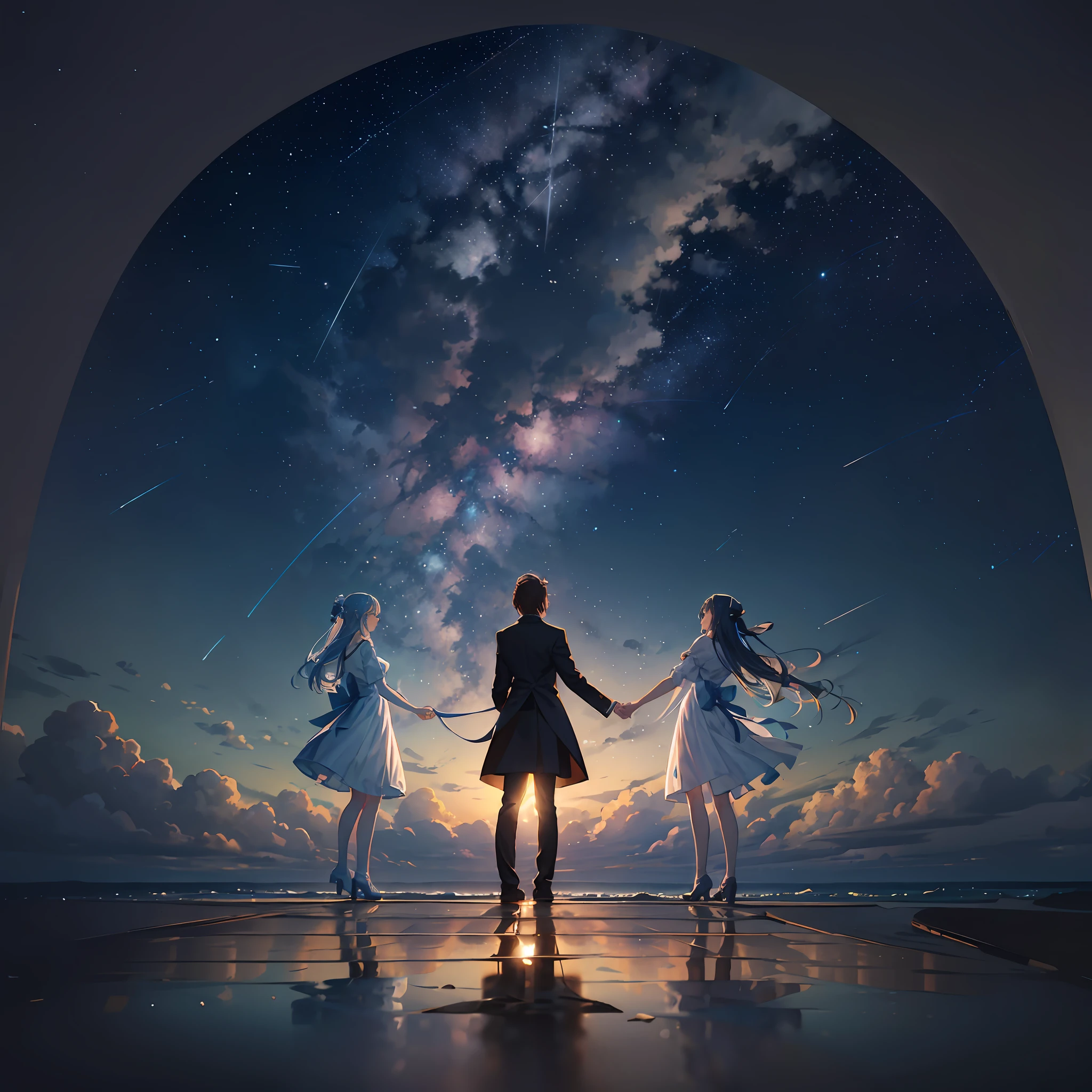 Under the starry sky, four people stand still, exquisite two-dimensional painting style. They clasped their hands together and prayed. --auto --s2