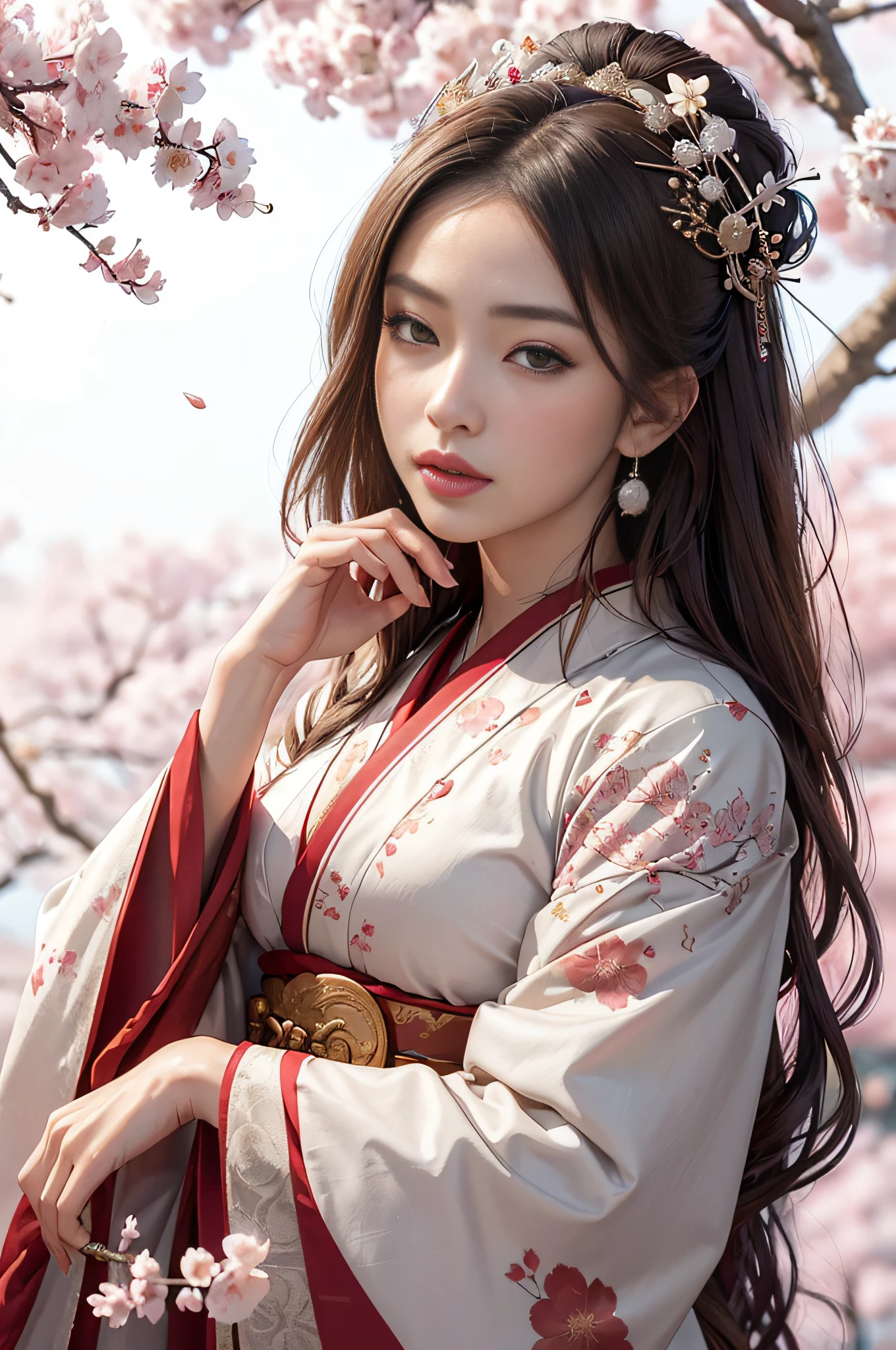 ((hyperrealistic, photorealistic, 8k, intricate details)) "(full body) A queen geisha, samurai geisha, goddess of Japan, samurai goddess, priestess Miko, feudal lady, erotic queen, fertility goddess, femme fatale, love lady, flowing hair and fleshy lips, beautiful light brown eyes, full breasts, thick thighs, sweaty silky skin, wearing a sexy red and white chic armor kimono, in a setting with cherry trees and blossoms and, contrasting with the blurred background, with the light gliding smoothly across the face, in a dynamic and charming pose."