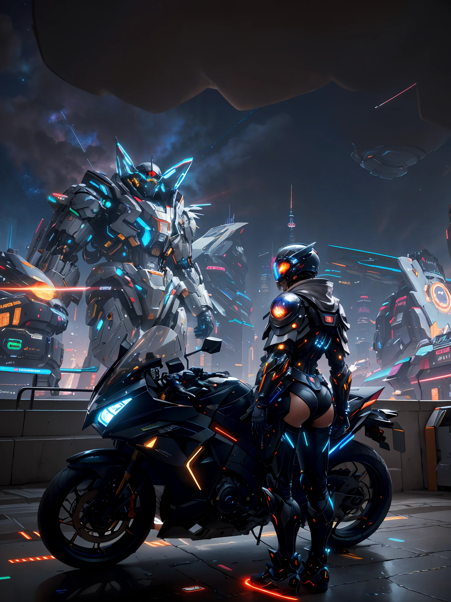 Masterpiece, Best Quality, 4K, Mecha, Crystal Helmet, Glow, Futuristic, Starry Sky, Sky, Star \ (Sky\), Cloak, Headband, Slender Legs, Helmet, Peach Buttocks, Cyberpunk, Depth of Field, Blurred Background,