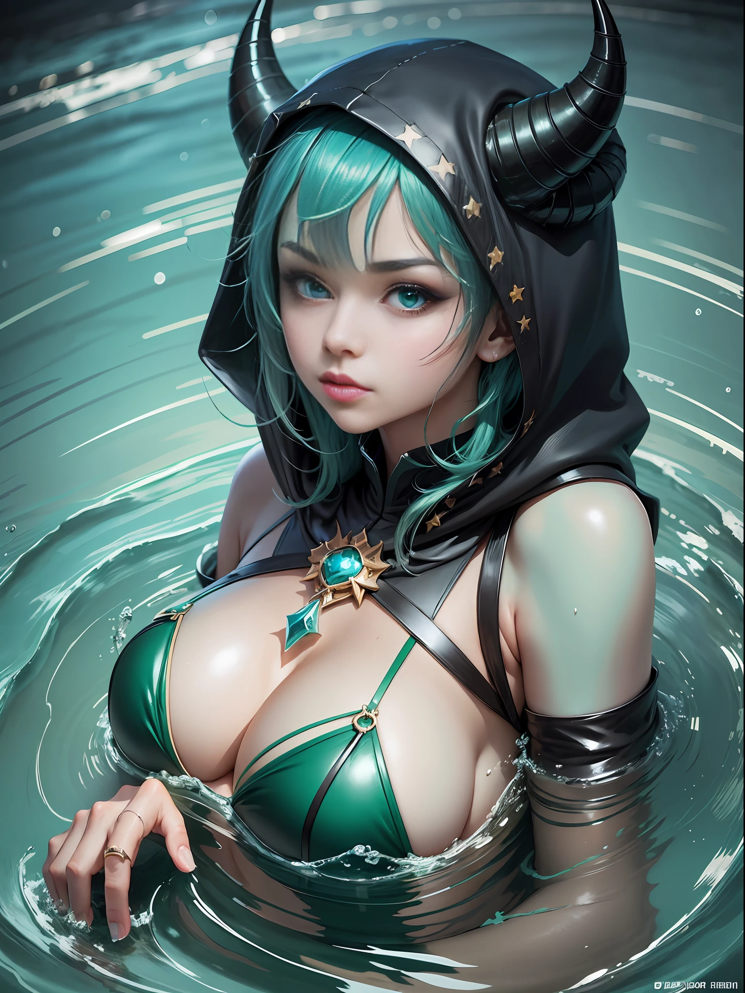 Two-dimensional, black gold wire rimmed hood, anime characters with horns and horns on their heads, detailed anime character art, popular on ArtStation pixiv, girl design beast horns, Genshin impact characters, anime character art, anime girls with blue-green black hair, sky blue, delicate hair, Genshin, short hair, water clear is shallow, water green is deep, water black is abyss, sexy, three views, fashion, trend, stars, sea, abyss --auto --s2