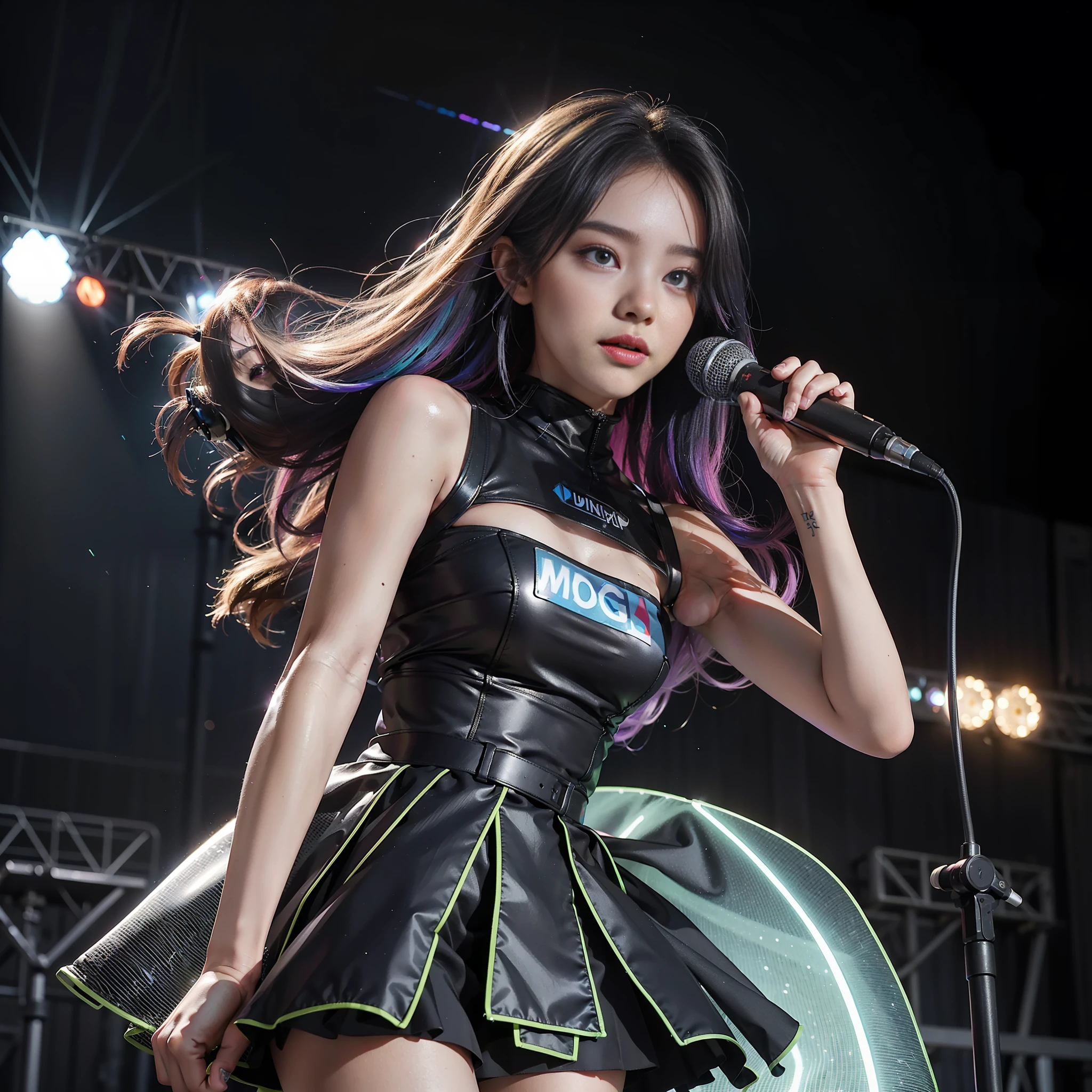 ((8k, RAW photos, best image quality, masterpiece,:1.2)), (realistic, photorealistic: 1.3),(depth of field: 1.2),18 years old beautiful Japan girl, dynamic angle,(1 person:1.3),1 girl,solo,sci-fi,futuristic idol, colorful and high-tech idol dress, glowing neon light idol dress, holographic clothing, reflective dress, techwear, volumetric lighting, glowing eyes, rainbow hair, long hair, flowing hair, cute smile, microphone, neon lights, neon rim lights, laser beam on stage, psyllium, spotlights, cowboy shots, moody lighting, concert venue, on stage, (audience around stage: 1.5), (singing with microphone on stage:1.5),Complex Detail,Cyberpunk,(Exploding Pixel Particles:1.2),Dynamic Lighting,From Below