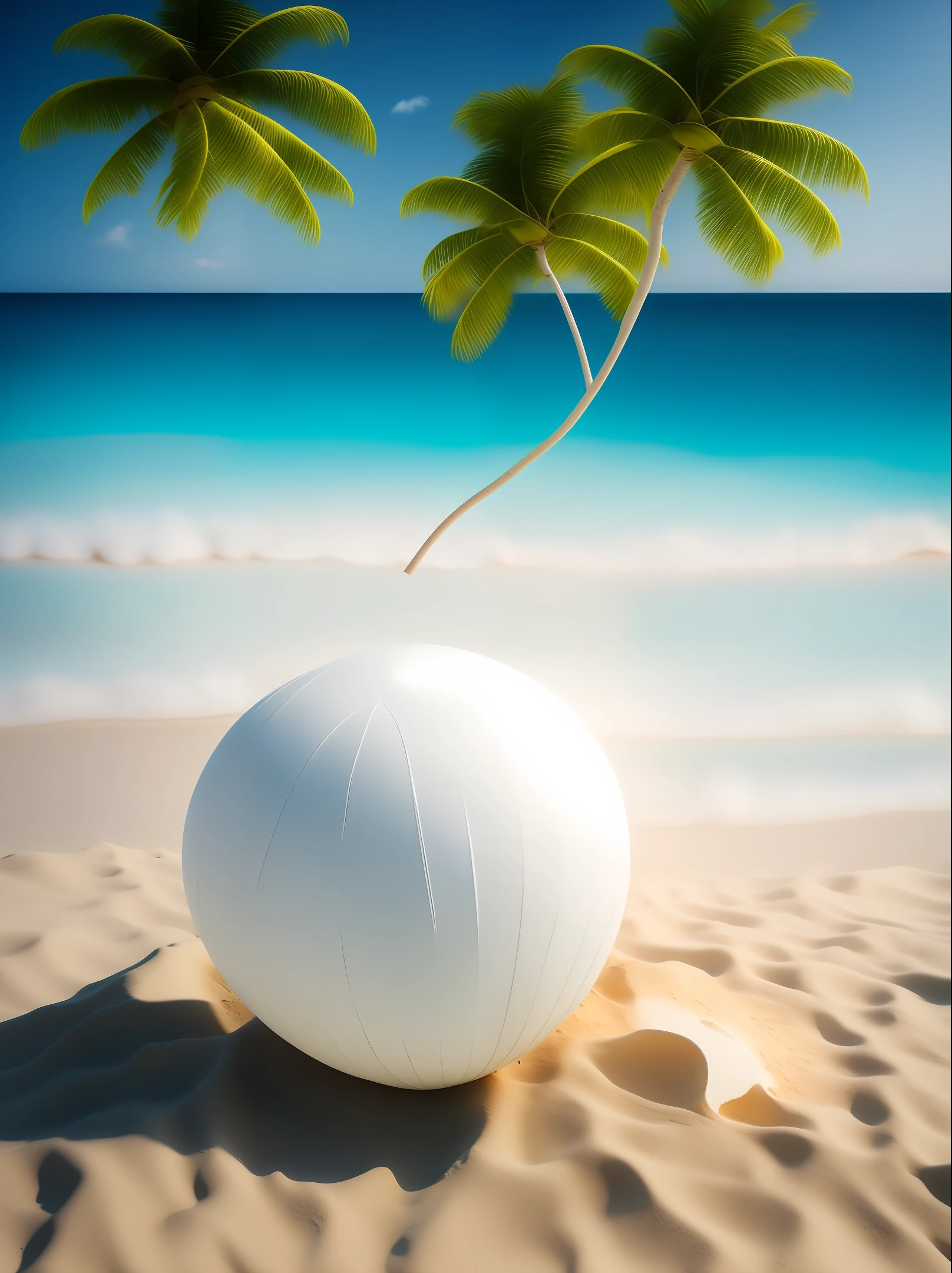 3D digital art of a white volley ball on a white beach sand, background with sea and coconut trees, hyper realistic photo