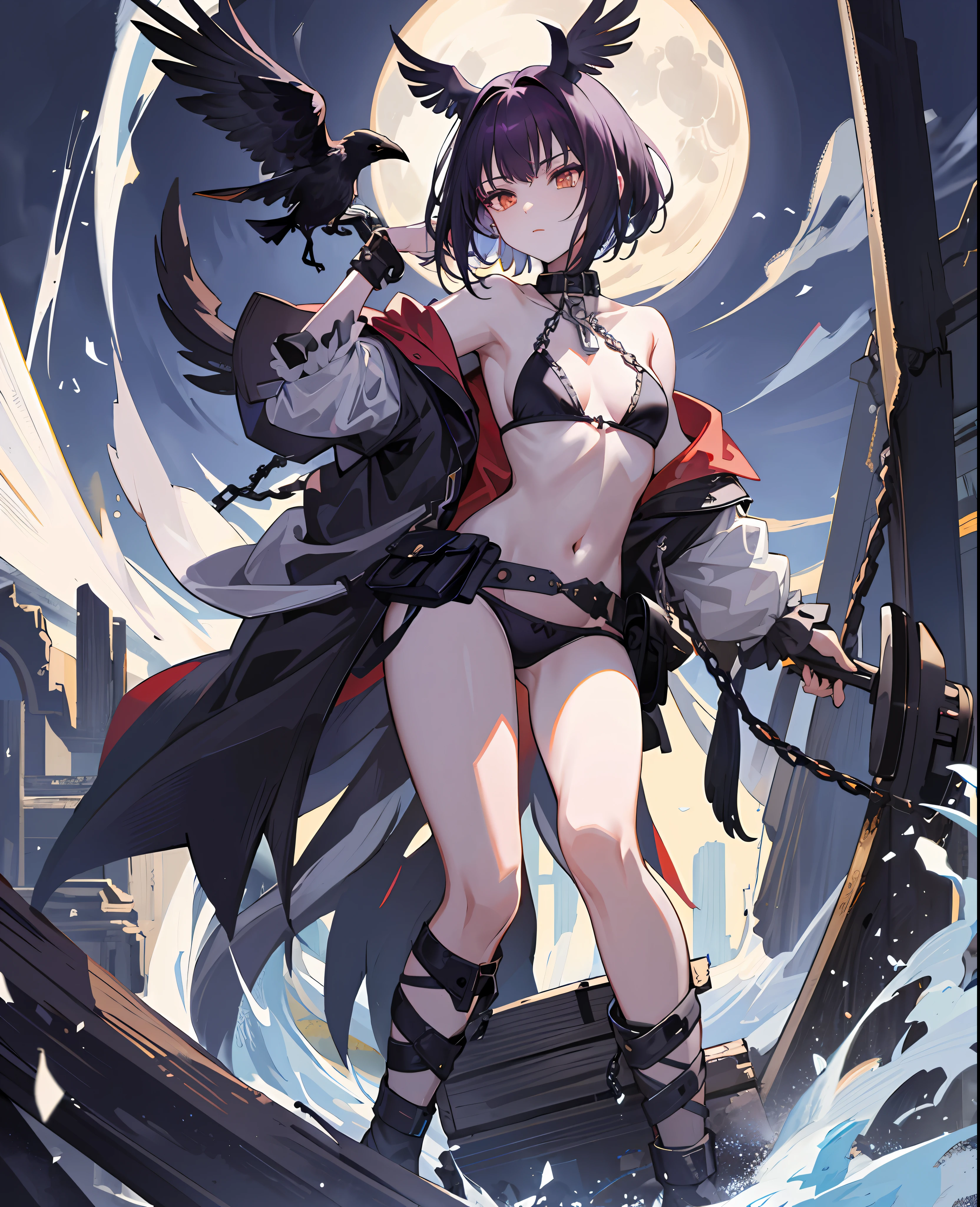 (Masterpiece), (Best Quality), Omnipotent, Full Moon, (Blackleg Decoration), 1girl, (Raven), White Chain, Ruins, 1gir, flower, flowd_flood, floud_moon, (crow), chain, ruins, 1gir, in flower, black_bikini, 1 girl in lace, navel,