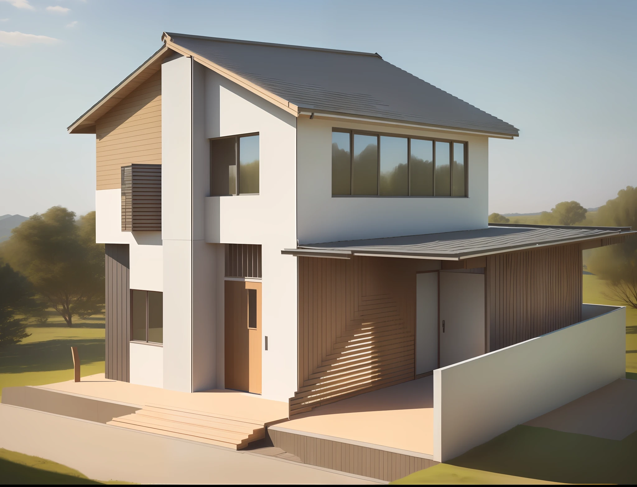 a drawing of a house with a ramp and a window, sketch - up, 3 / 4 view, 3/4 view, perspective view, 3/4 view realistic, front-view, concept image, front facing, 2d side view, concept drawing, complete house, front perspective, concept house, 3 d perspective, one house, arhitectural shot