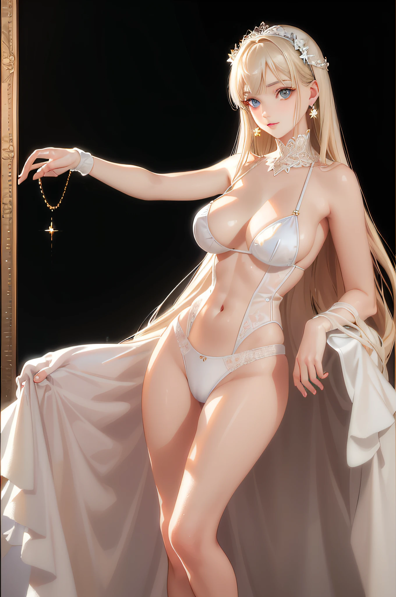 (Photorealistic:1.4), (Masterpiece, Side Light, Fine Beautiful Eyes: 1.2), Masterpiece*Portrait, Realistic, 3D Face, Glistening Eyes, Glossy Hair, Glossy Skin, Alone, Embarrassing, (Epigastric), White Sheer Underwear, Blonde Hair, Full Length Figure, Catwalk, Smooth Thighs, White Sheer Panties, Slender Body,