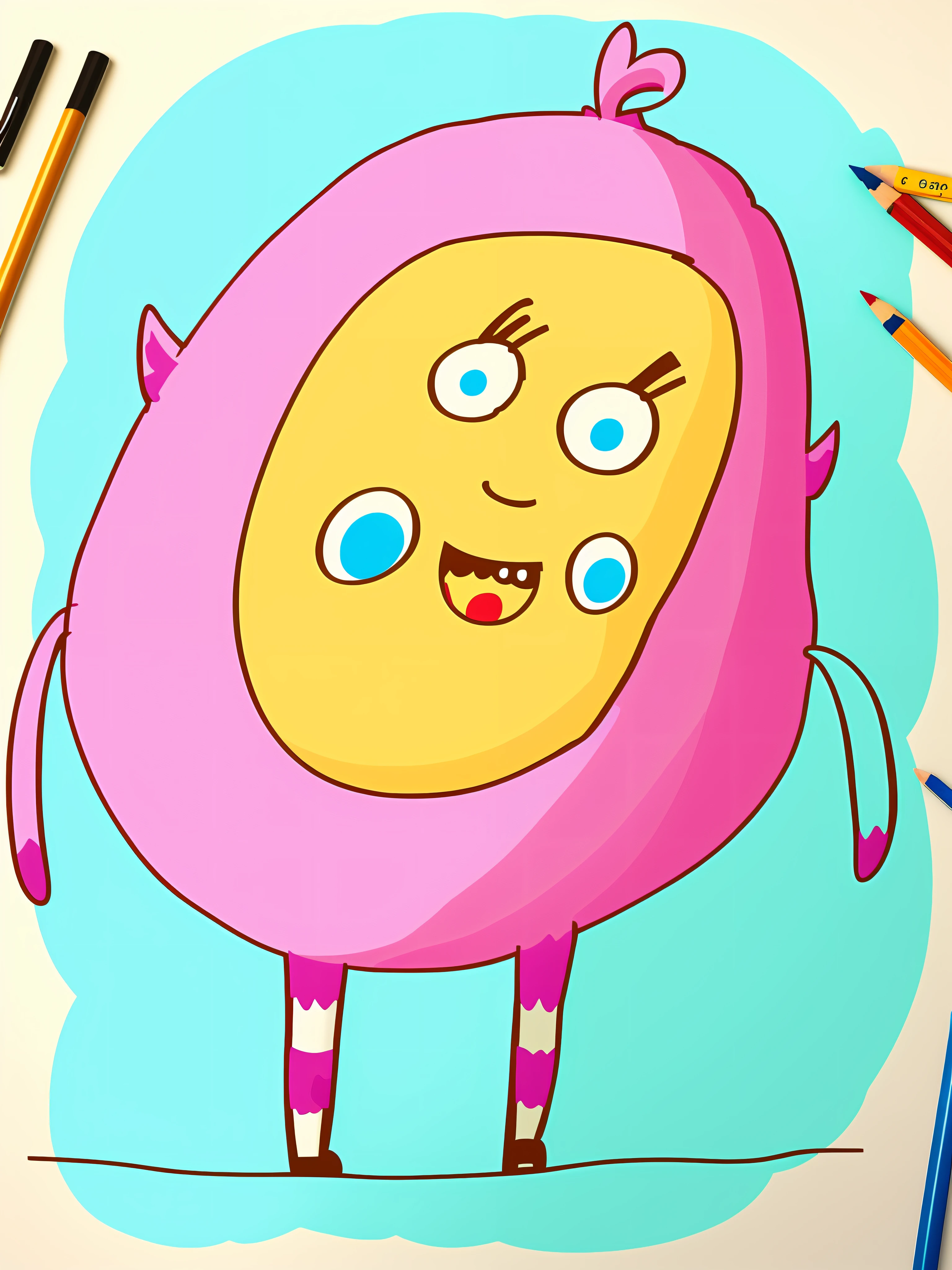 there is a drawing of a cartoon character on a piece of paper, a character based on a haggis, a drawing, a child's drawing, absurdist wiggly blob in a dress, finn from adventure time, classroom doodle, drawn on paper, childrens drawing, ???'s drawing, portrait of a cute monster, this is a monster, weird silly thing with big eyes