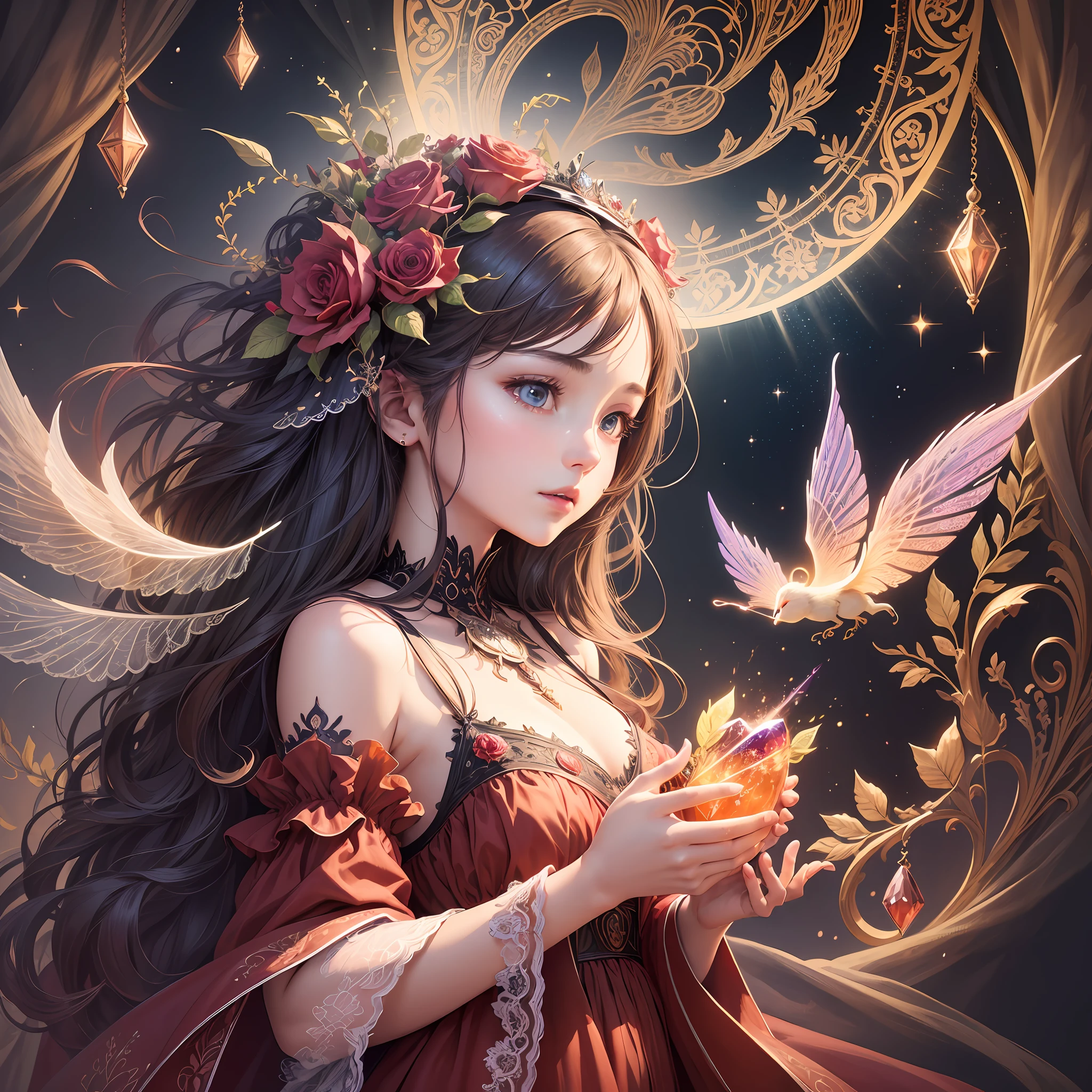 (Masterpiece), ((Highest Quality)),(Official Art),Beautifully Indulgent:1.3),(Dress),(1 Girl:1.3), A beautiful witch wearing a bright red dress with a detailed and delicate design, sealed in a crystal, and Taiju who grows by taking in the sealed crystal. It shines faintly in the light of the midnight moon. Detailed drawing. Bright colors. Colorful, best detailed ((super detailed)), (highly detailed 2D illustration), ((very delicate and beautiful)) --auto --s2