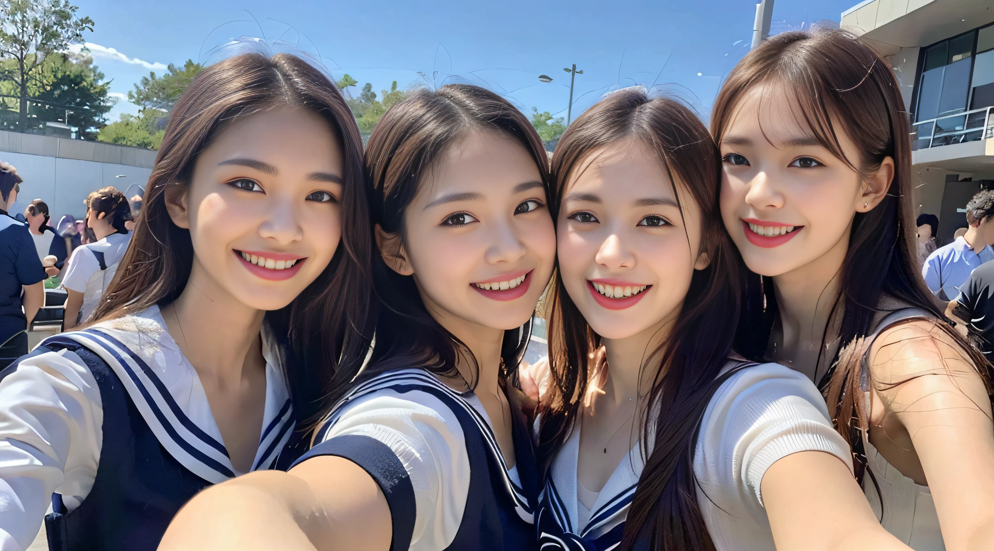(8k, RAW photo, highest quality, masterpiece: 1.2), super detail, super resolution, (realistic, real photo: 1.37), (photorealistic: 1.4), portrait, high resolution RAW color photo, professional photo, very detailed and beautiful, real light (showing teeth and smiling), pointing at the camera (pointing here), beautiful view mixed with light, Cherry blossoms are dancing, cherry blossoms are dancing around the female proofreader, female proofreader is pointing her finger at me, cute pose, beautiful long hair and fair-skinned woman is wearing a sailor suit with realistic proportions with a height of 167 cm. Picture yourself smiling and trying to hug your boyfriend. The background is a classroom, add details with an emphasis on realism. Draw her facial expressions and poses so that they overflow with love and happiness. Super high image quality, 8k wallpaper, amazing cute smile, transcendent cute face, amazing details, red scarf, very detailed beautiful girls, different pattern face, one is a ponytail, modern cute schoolgirl, very detailed face very detailed eyes, very realistic skin, very detailed fingers, very detailed nose, very detailed mouth, perfect anatomy, very detailed sailor suit, very detailed background, After school. Smiling faces, fun spreads in the hallway, long straight hair, (dull bangs: 1.2), , schoolgirl youth Celebrity-level cuteness , (pink eye shadow)