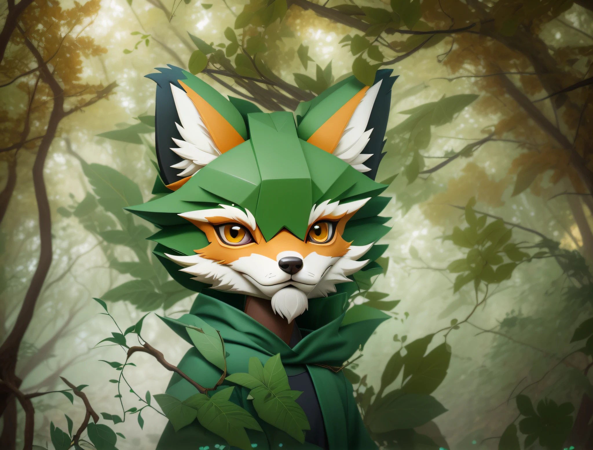 there is a digital painting of a dog in the woods, ethereal fox, digital fox, stylised fox - like appearance, digital green fox, digital art animal photo, whimsical fox, anthropomorphic fox, an anthropomorphic fox, in style of digital painting, stylized digital art, 2 d generative art, digitalt art, tonic the fox