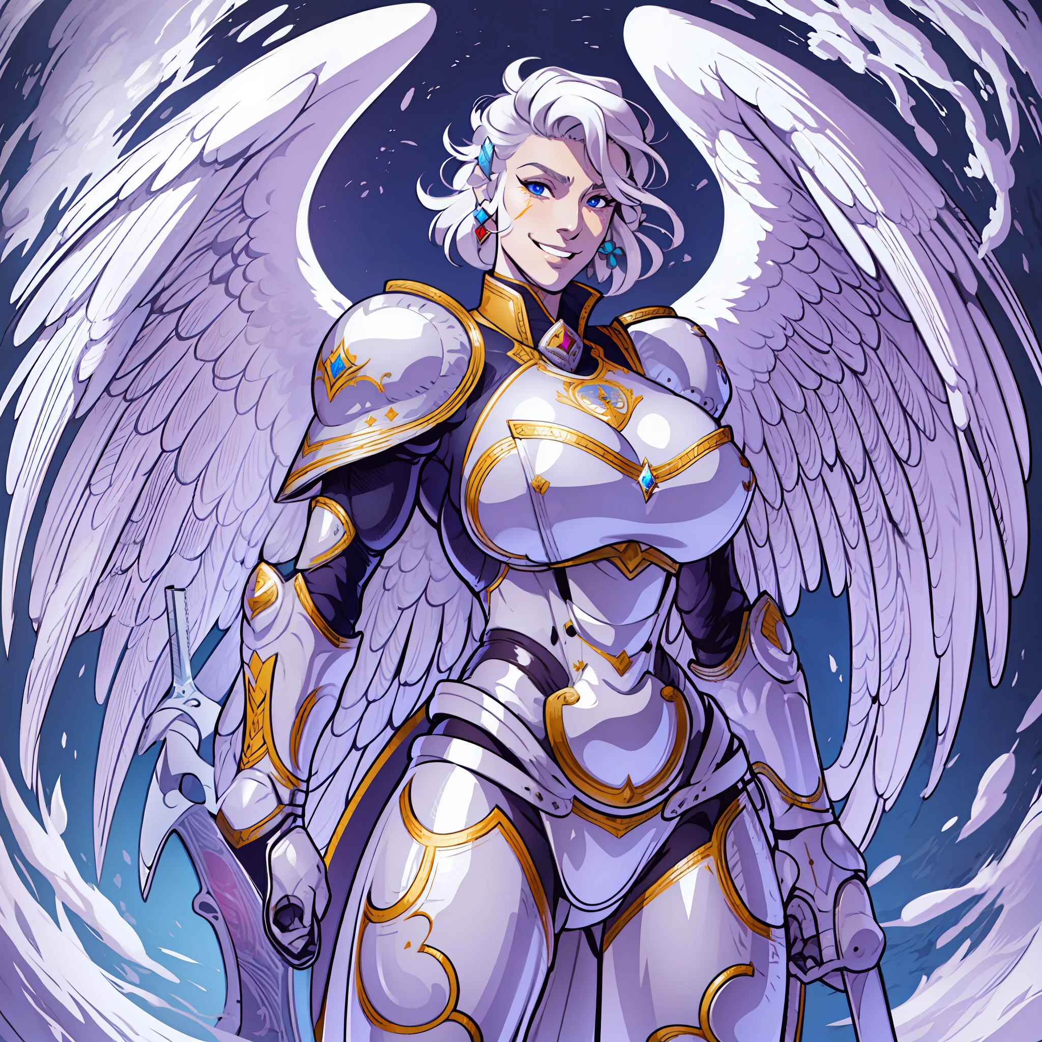 knight, young girl, sword holding , schield holding, angel, silver hair, blue eyes, portrait, 1character, full body, musclegirl , huge breast, tall female, portrait, full body, smile, pants