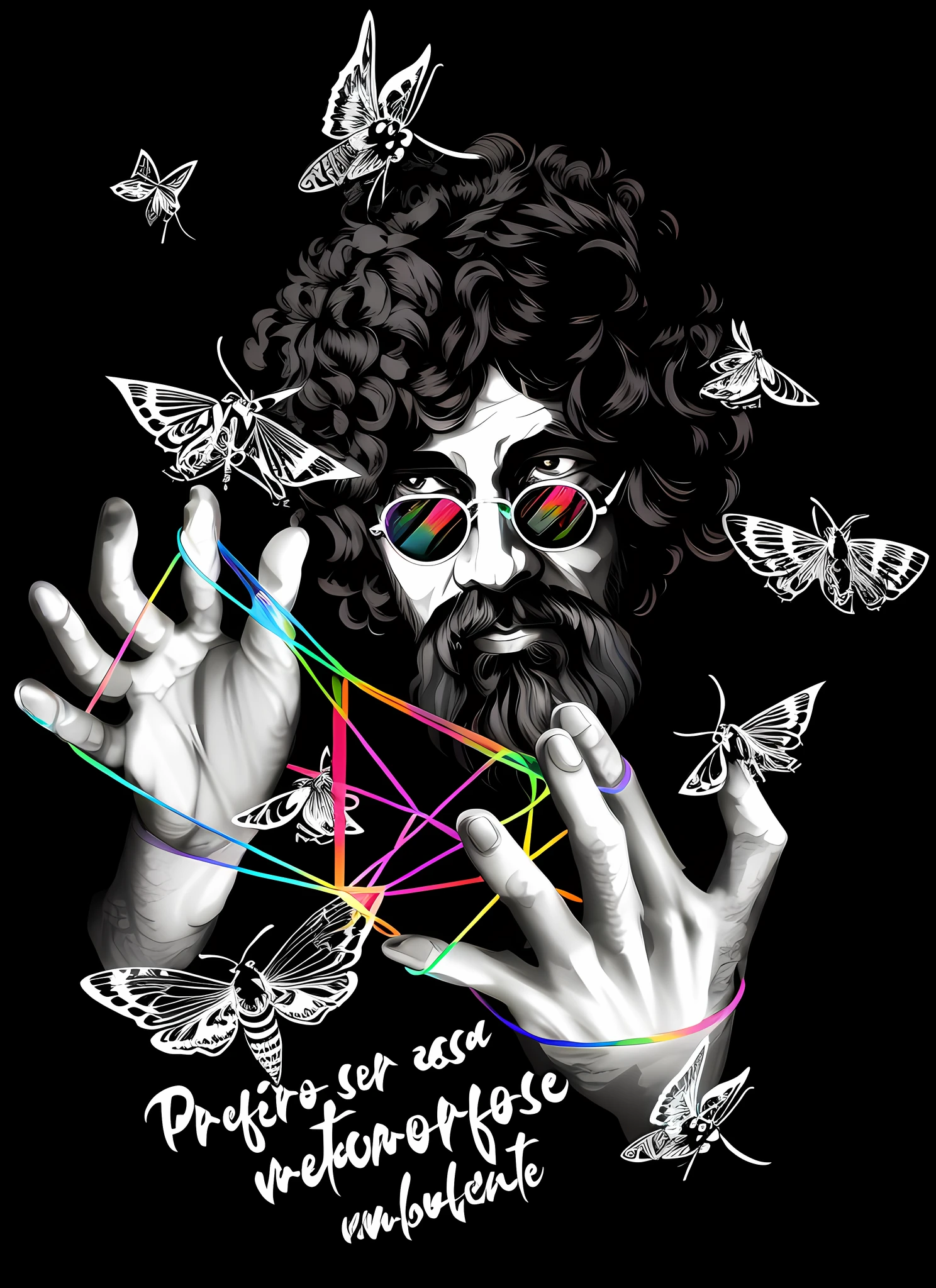 a close up of a person with a beard and a mustache, dark psychedelia style, terence mckenna, colorfull illustration, psychedelic style, psychedelic illustration, official illustration, inspired by Santiago Martínez Delgado, in style of digital illustration, just take a pinch of psychedelic, psychedelia, illusion psychedelic art, mystic illustration, psychedelic art style, dmt ego of death