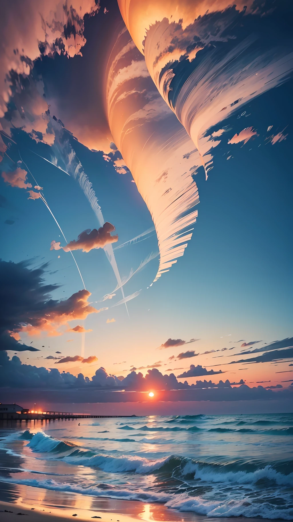 An absolutely mesmerizing sunset on the beach, with a mix of orange, pink, and yellow in the sky. The water is crystal clear, gently kisses the coast, and the white sand is endless. The scene is dynamic and breathtaking, with seagulls soaring high in the sky and palm trees swaying softly. Immerse yourself in the calm atmosphere and let the serenity surround you. --auto --s2