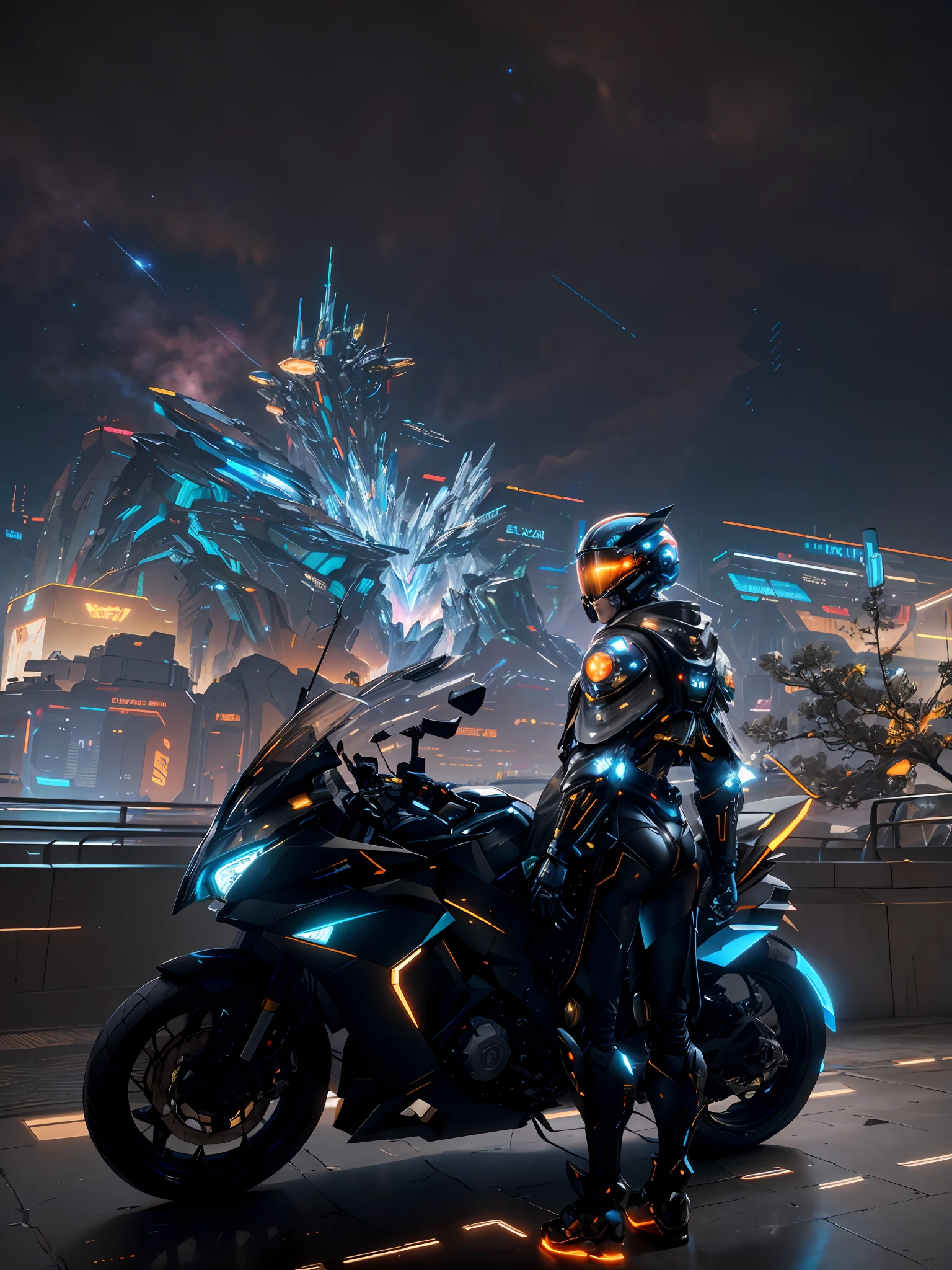 Masterpiece, Best Quality, 4K, Mecha, Crystal Helmet, Glow, Futuristic, Starry Sky, Sky, Stars \ (Sky \), Cloak, Headband, Slender Legs, Helmet, Peach Buttocks, Cyberpunk, Depth of Field, Blurred Background,