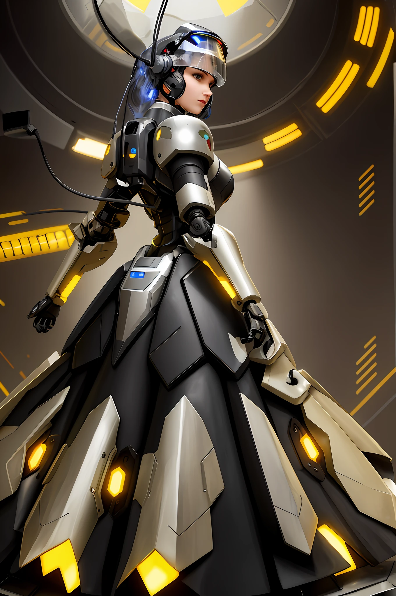 Large cyberspace headset, flight helmet visor, large mechanical wires coming out of the back of helmet, female robo-cop head