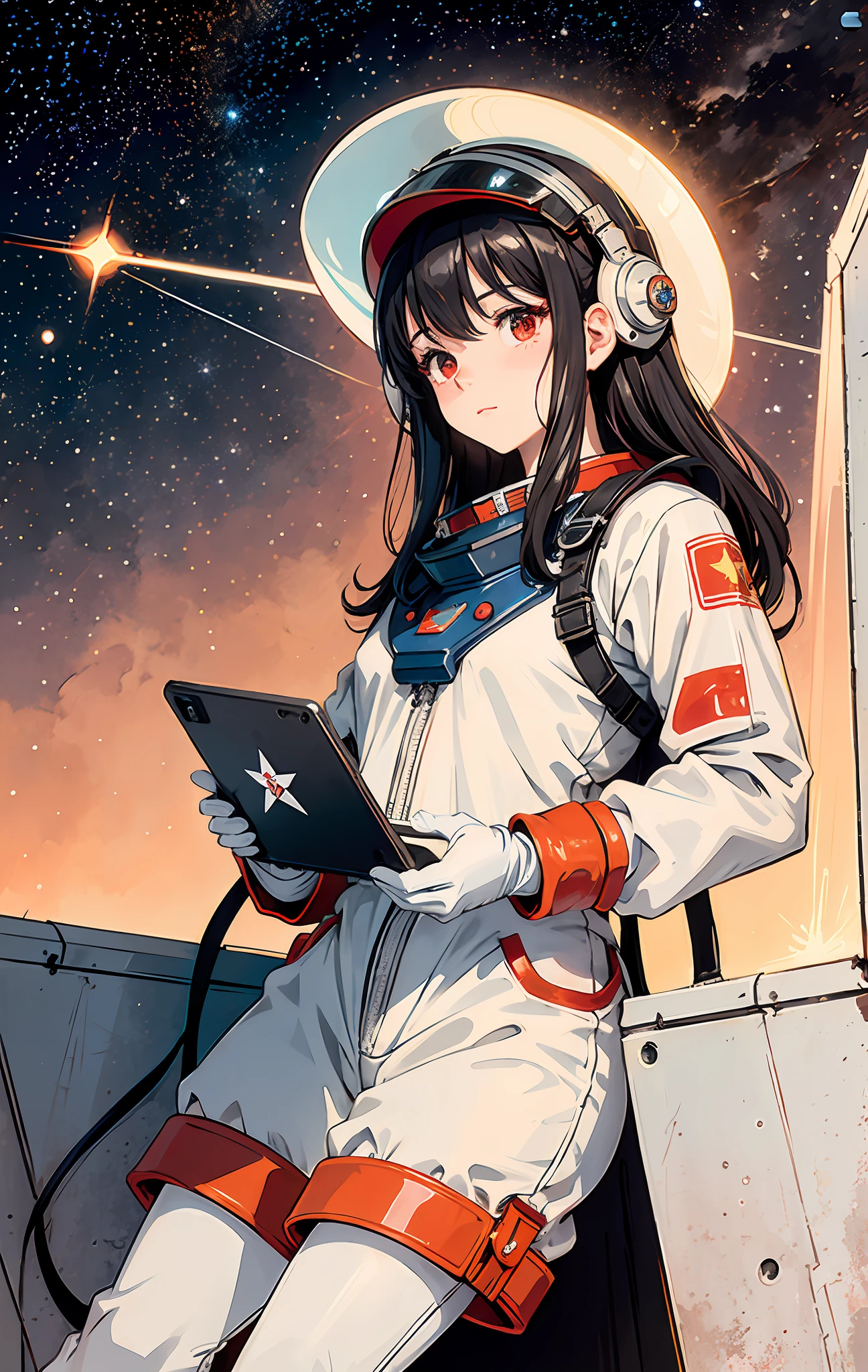 1 girl, flat chest, cute, beautiful detailed eyes, shiny hair, visible through hair, hair between eyes, cccp poster, soviet poster, red monochrome, soviet poster, soviet union, communism, black hair, red eyes, vampire, teen, small, spacesuit: orange clothes body: jumpsuit), white gloves, white space shoes, white helmet, CCCP red letters on top of helmet, weightless, Side light, reflection, a person in a spacesuit is at the bottom left of the frame, the right hand is extended, the right hand gently touches the Salyut space station), space station in the upper right of the screen, reflected light from the sun, silver metal, red flag, shine, Soviet style, diffuse reflection, metallic texture, scenery is blue earth, mecha wind, sea of stars, high tone, grand, tablet, repair