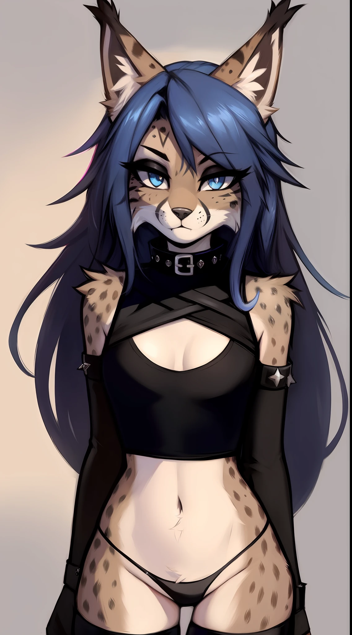 by Zackary911, kenket, kilinah, Zackary911, shiny skin, looking at the viewer, goth makeup, eyeliner, eyeshadow, (furry:1.5), (anthro:1.2), lynx, female lynx, anthropomorphic lynx female, muscular abs, shinny skin, blue hair, blue eyes, goth short top dress, black micro-thong, goth boots, long hair, hands_behind_back,