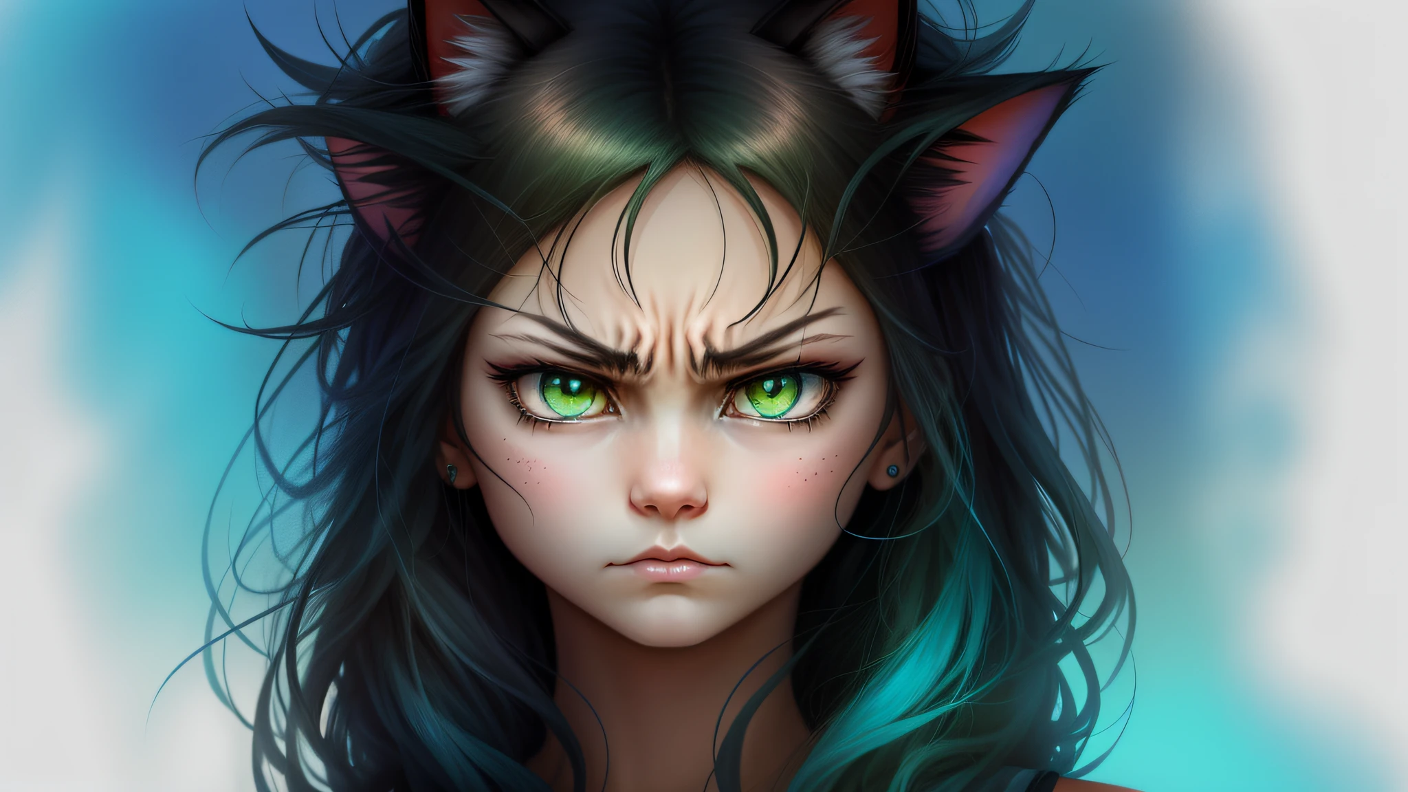 drawing of a cat with a sad face and a sad expression, intense line art, angry cat, cat head, cat face, anime cat, scowling, grumpy, with pointed ears, sad cat, cynical face, an angry expression, highly detailed angry anime face, photoshopped drawn, angry look, angry look, scowling expression, angry look,  abstract green and blue painting in the background