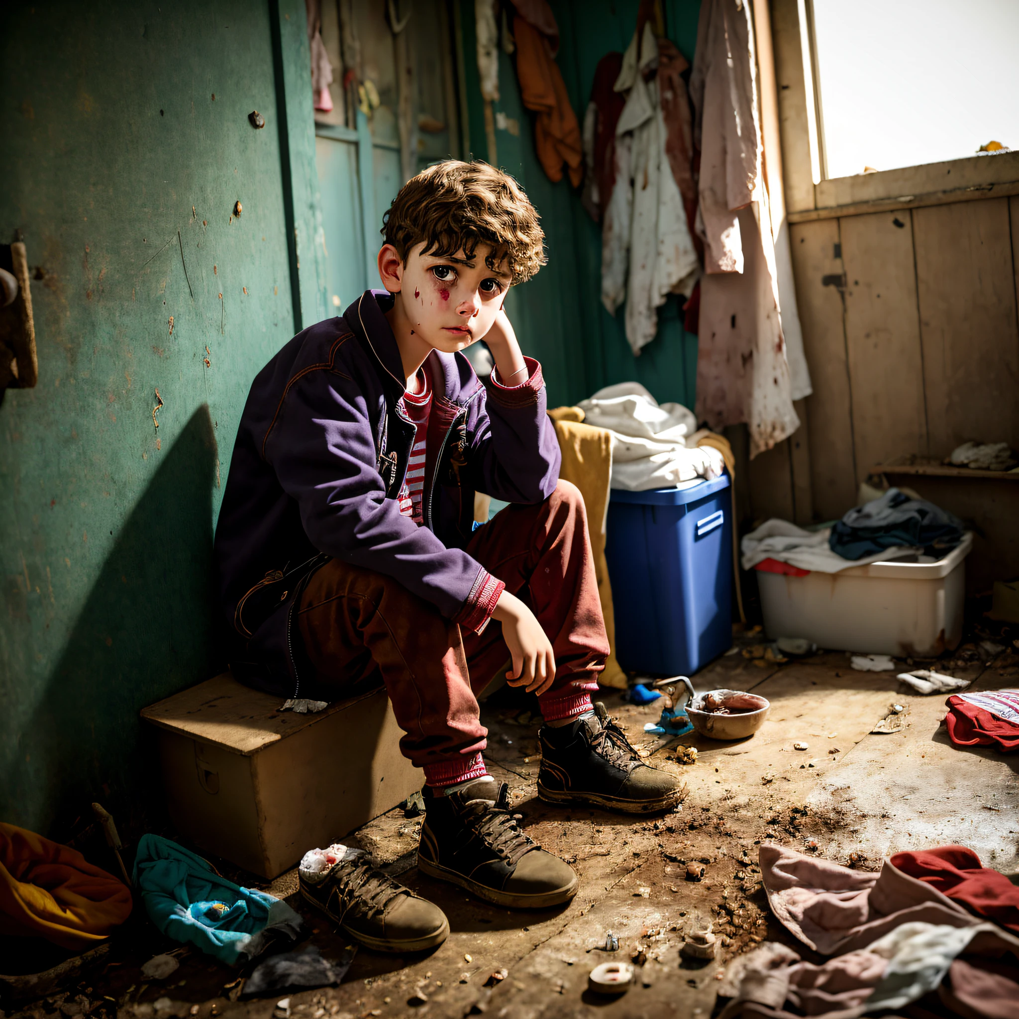 -year-old, poosad, sitting, bloody dirty on face wearing dirty clothes and house looking dirty, realistic,torn coat, scary house, professional photography