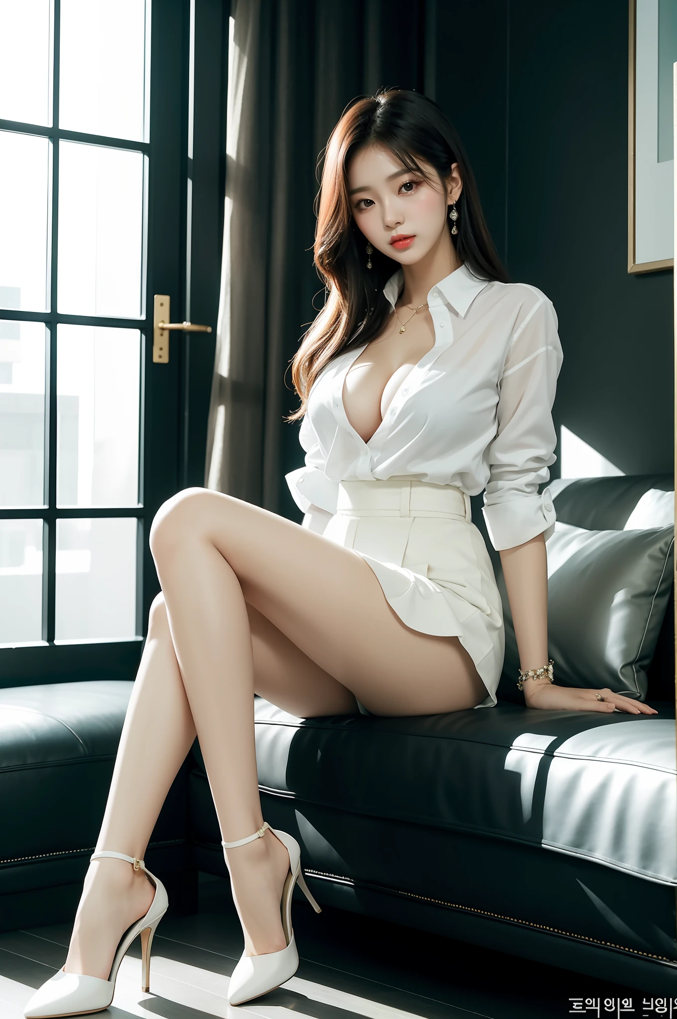 Araf woman sitting on sofa in white shirt and black skirt, gorgeous young korean woman, korean girl, elegant seduction pose, beautiful young korean woman, beautiful korean woman, cute elegant pose, korean woman fashion model, sexy appearance, gorgeous chinese model, stunning elegant pose, wearing white shirt, very sexy outfit, Korean woman, attractive pose, no shirt underwear, cleavage, panchira,