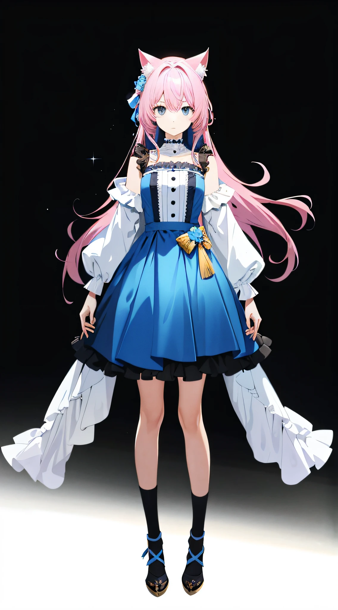 6 heads, full body visible, not cut off, (masterpiece), (best quality), (super detailed), (disheveled hair), (illustration), (one girl), (fashionable clothes), full body, front, standing, fashion model, looking at the viewer, (interview), (simple background), fine beautiful eyes, delicate beautiful face, focus on face, Ayaka Kamisato, blue and pink two-color hair, floating hair, (sparkling) Best Lighting, Best Shadows, Cat Ears, Stage Costumes
