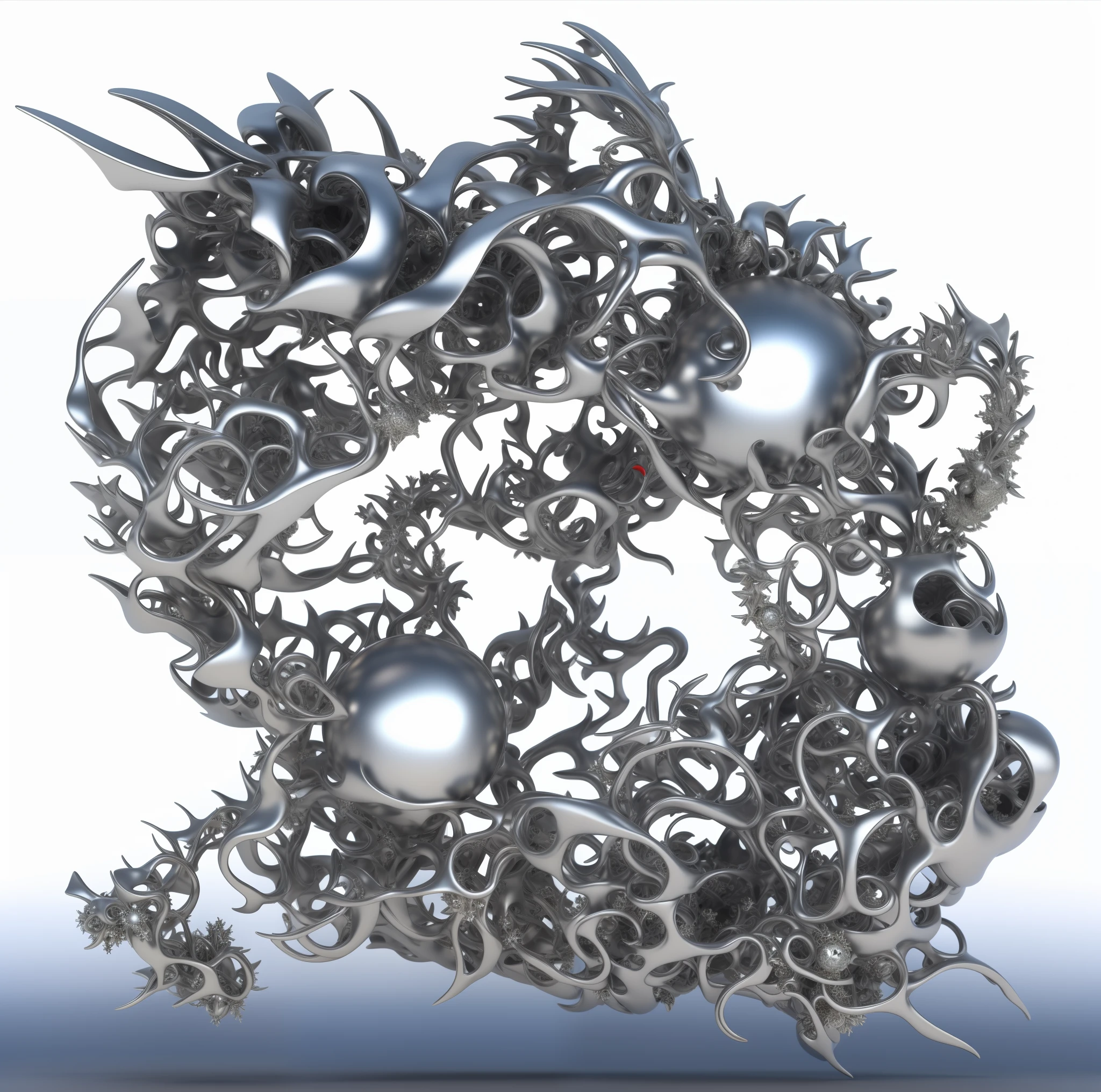 There's a silver and red ball surrounded by metal spikes, complex 3D rendering Metamorphosis, abstract fractal automaton, complex alien fractal structure, rendered, 3D mandelbulb, epic 3D abstract model, intricate art. octane render, fractal render, fractal 3 d structure, represented as a 3 d render, 1 6 6 7. Mandelbulb 3 d