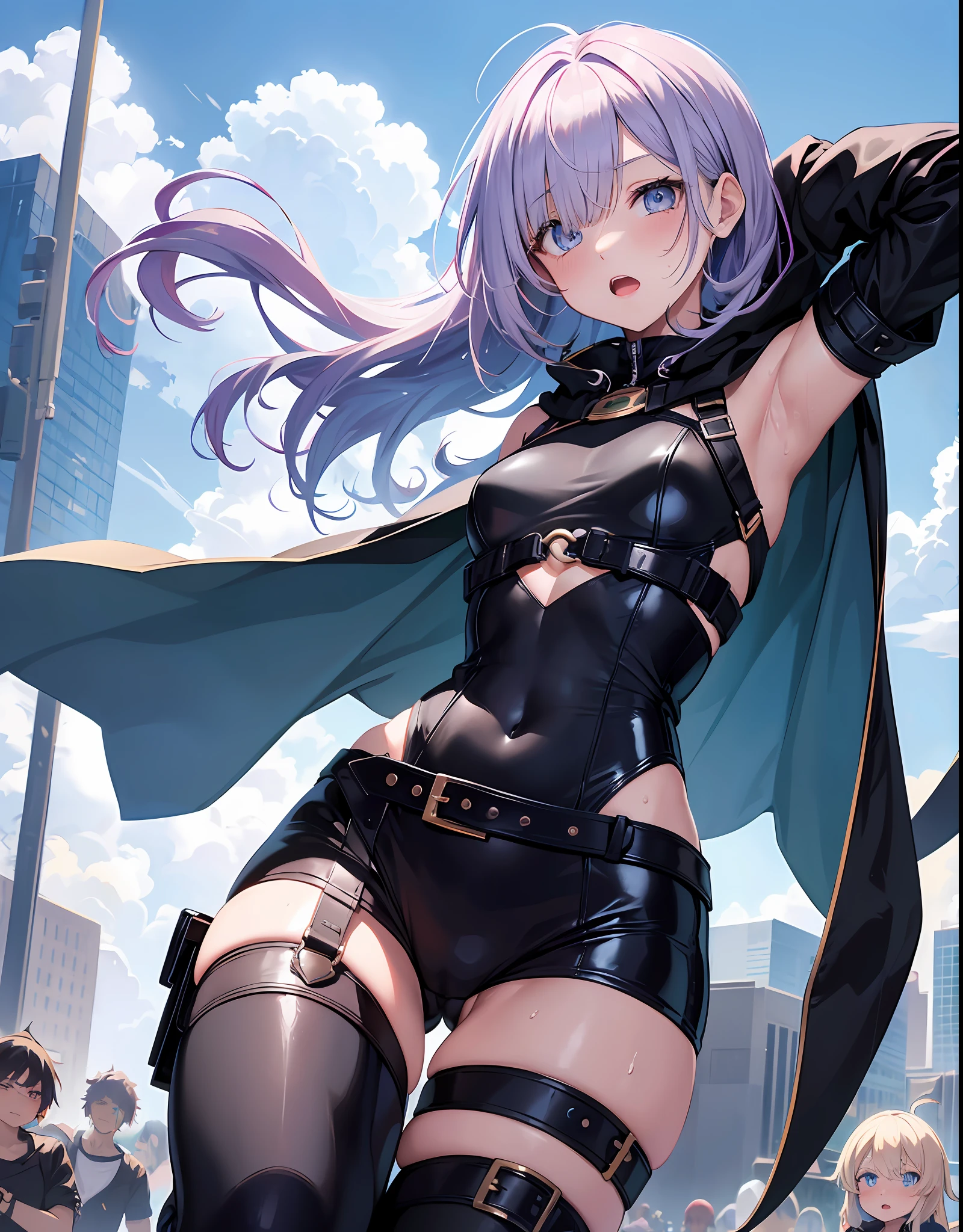 Fantasy,1 girl,toddler, (())+++, child,belt, blue_eye, blush, big_, cloak, hood, shiny_medium_hair, ((((long_bangs,hair_over_one_eye))))++, shiny_black_bodysuit, harness, navel,open_mouth, public,in_ fantasy_city_background,sweat, armpits, thighs, boots, groin, sweat,_juice, dynamic_pose_jumping, dynamic_angle, tiny_groin, happy,sleepy,confused, (thin_ass, thin_thighs),