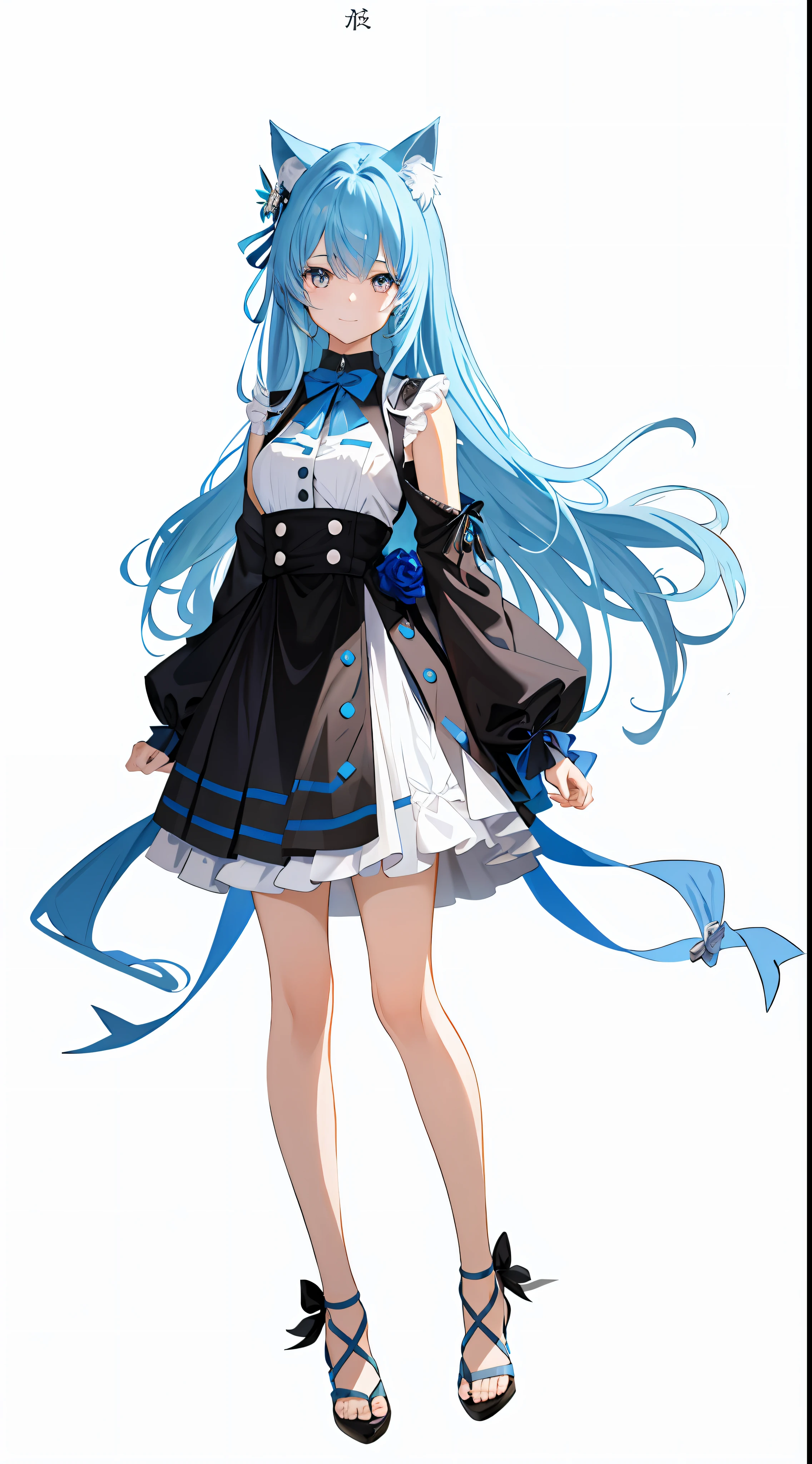 The whole body is visible, not cut off, (masterpiece), (best quality), (super detailed), (disheveled hair), (illustration), (one girl), (fashionable clothes), full body, frontal, standing, fashion model, looking at the viewer, (interview), (simple background), fine beautiful eyes, delicate beautiful face, smile, focus on the face, Ayaka Kamisato, blue and pink two-color hair, floating hair, (shine), Best lighting, best shadows, cat ears, stage costumes
