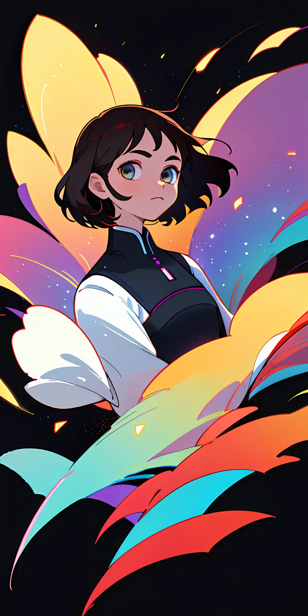 (best quality, masterpiece), 1 girl, particle, wind, flower, upper body, dark simple background, look viewer, brunet, galaxy