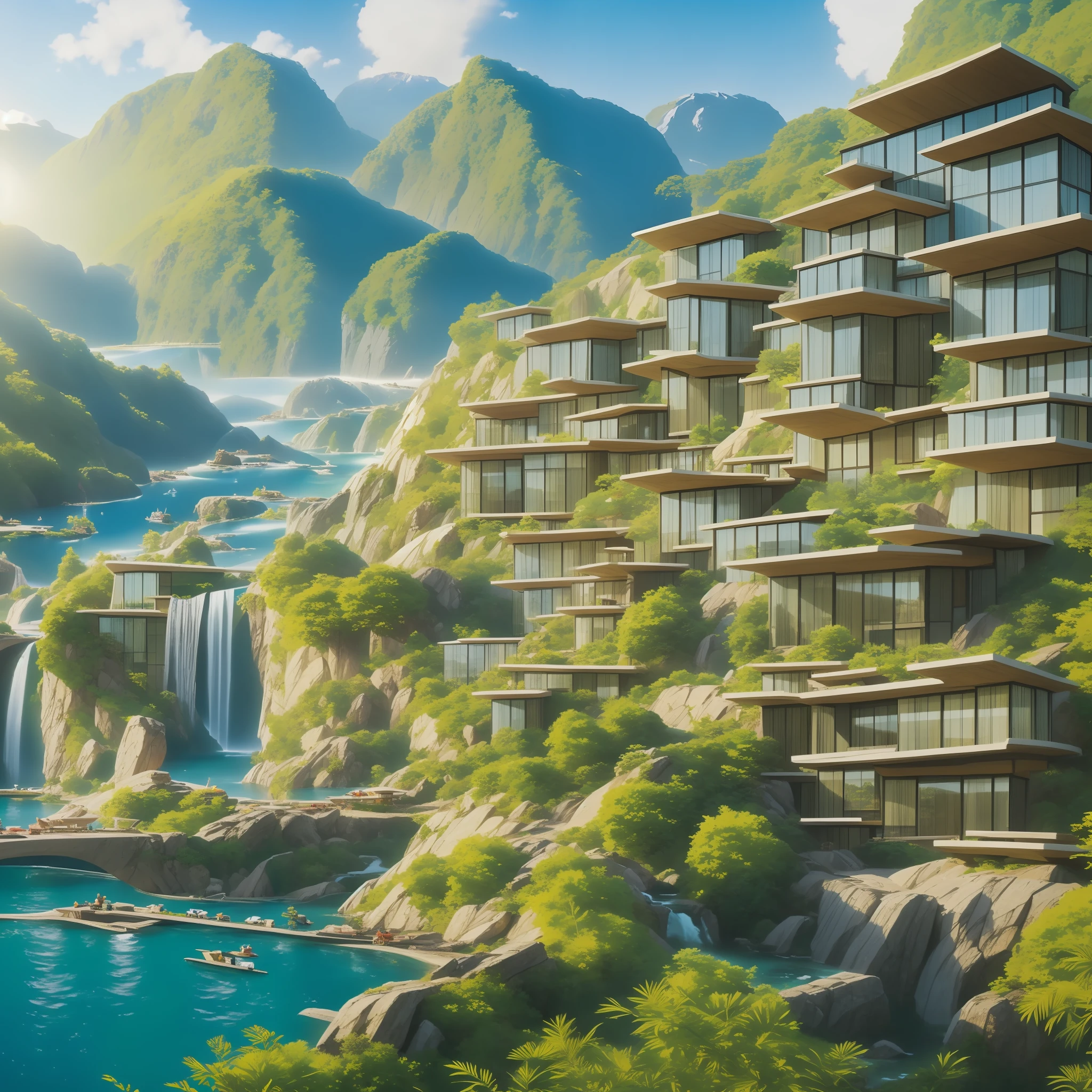 an awesome sunny day environment concept art on a cliff with huge waterfalls, nature meets architecture by kengo kuma and wes anderson with village, residential area, mixed development, highrise made up staircases, balconies, full of glass facades, cgsociety, fantastic realism, artstation hq