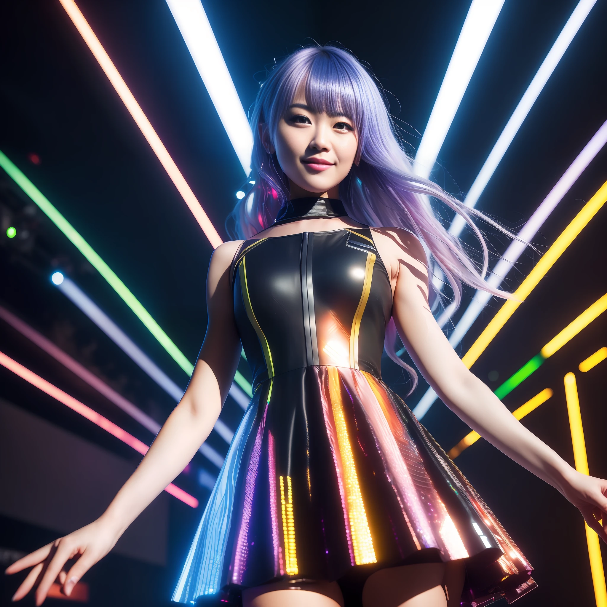 ((8k, RAW photos, best image quality, masterpiece,:1.2)), (realistic, photorealistic: 1.3),(depth of field: 1.2),18 years old beautiful Japan girl, dynamic angle,(1 person:1.3),1 girl,solo,sci-fi,futuristic idol, colorful and high-tech idol dress, glowing neon light idol dress, holographic clothing, reflective dress, techwear, volumetric lighting, glowing eyes, rainbow hair, long hair, flowing hair, cute smile, microphone, neon lights, neon rim lights, laser beam on stage, psyllium, spotlights, cowboy shots, moody lighting, concert venue, on stage, (audience around stage: 1.5), (singing with microphone on stage:1.5),Complex Detail,Cyberpunk,(Exploding Pixel Particles:1.2),Dynamic Lighting,From Below