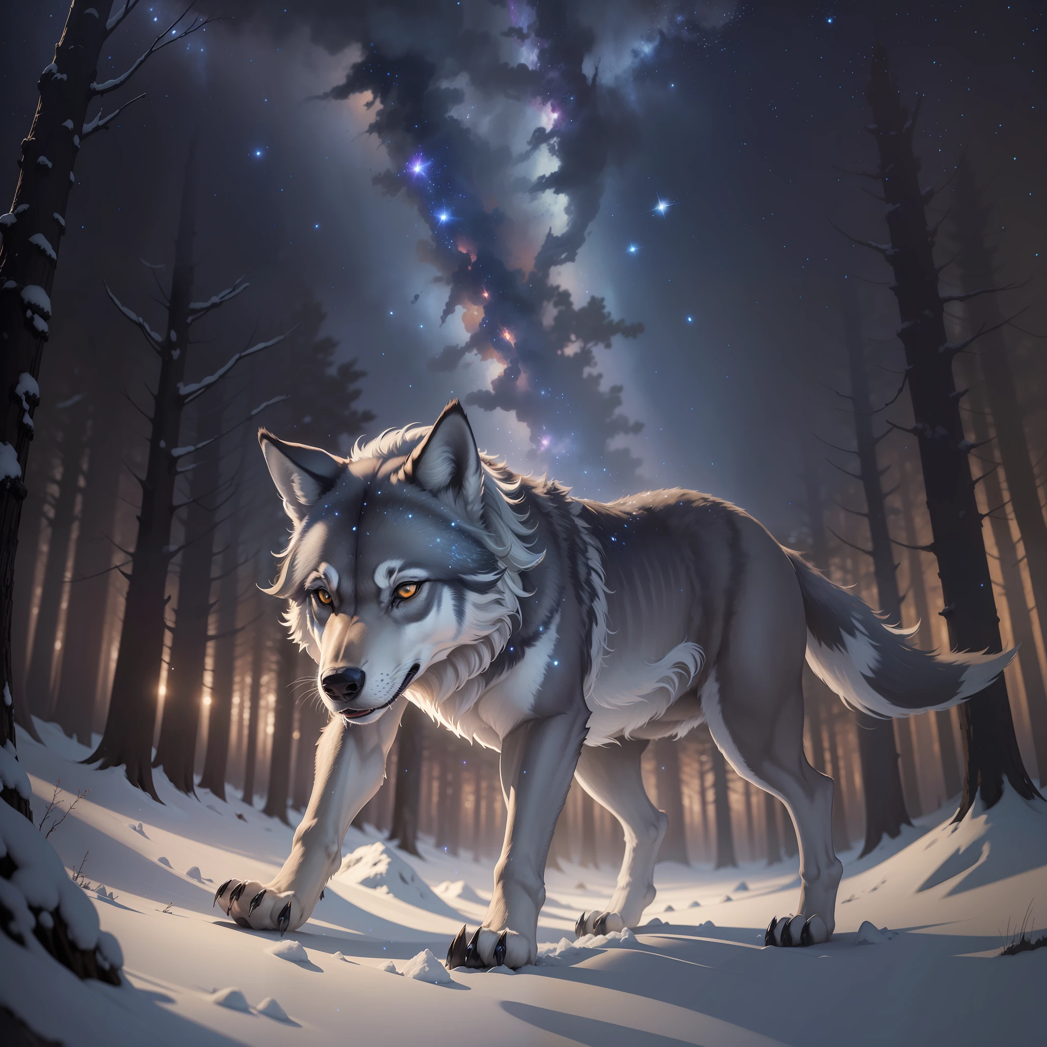 masterpiece, exceptional quality, ultra-detailed resolution, a gray wolf walking through the forest, spectacular backlight, majestic starry sky and nebula, with their incredible ferocity, sparkling fireflies in the foreground.