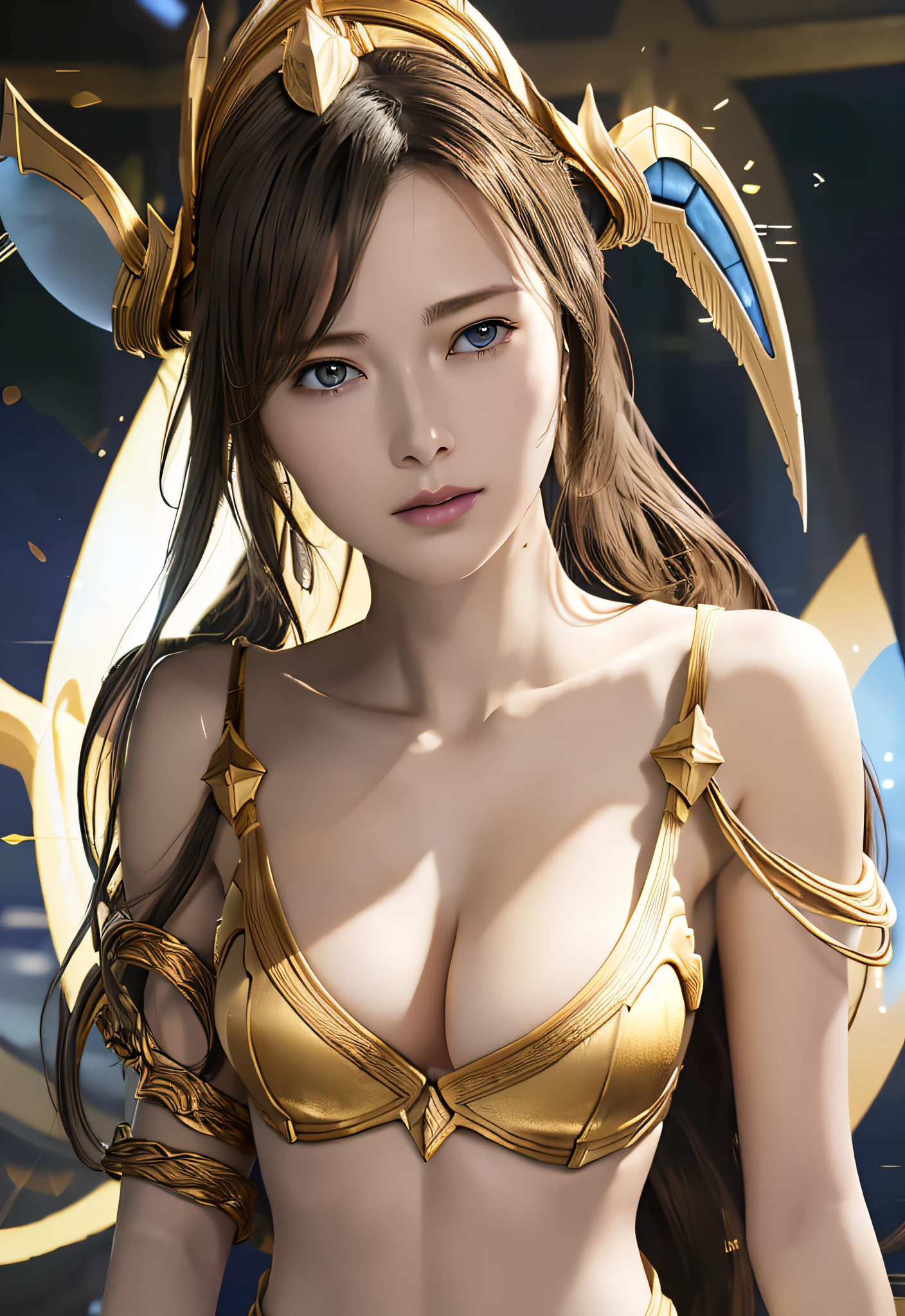 Protoss, (Best Quality), (Best Quality), (High Definition), (High Definition), (Complex Detail), (Photorealistic), (Cinematic Light) Golden Crest, (Colossal: 4.8), Complex Details, 1 Girl, No Bra, Clavicle, (Big), Big, (Long Hair:1.2)