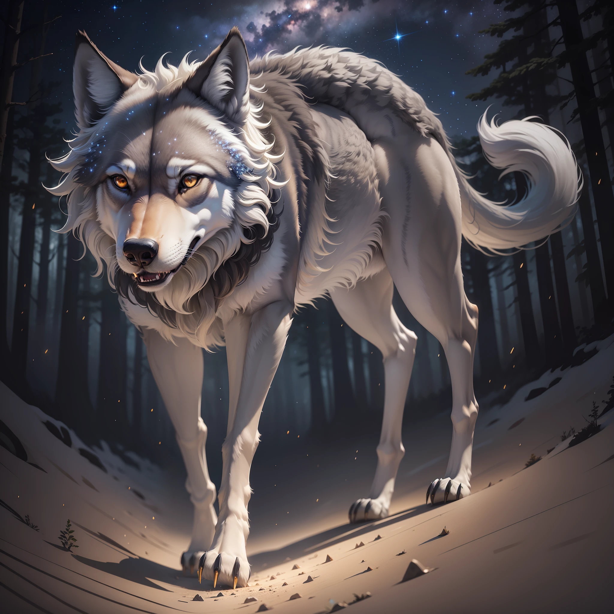 masterpiece, exceptional quality, ultra-detailed resolution, a gray wolf walking through the forest, spectacular backlight, majestic starry sky and nebula, with their incredible ferocity, sparkling fireflies in the foreground.