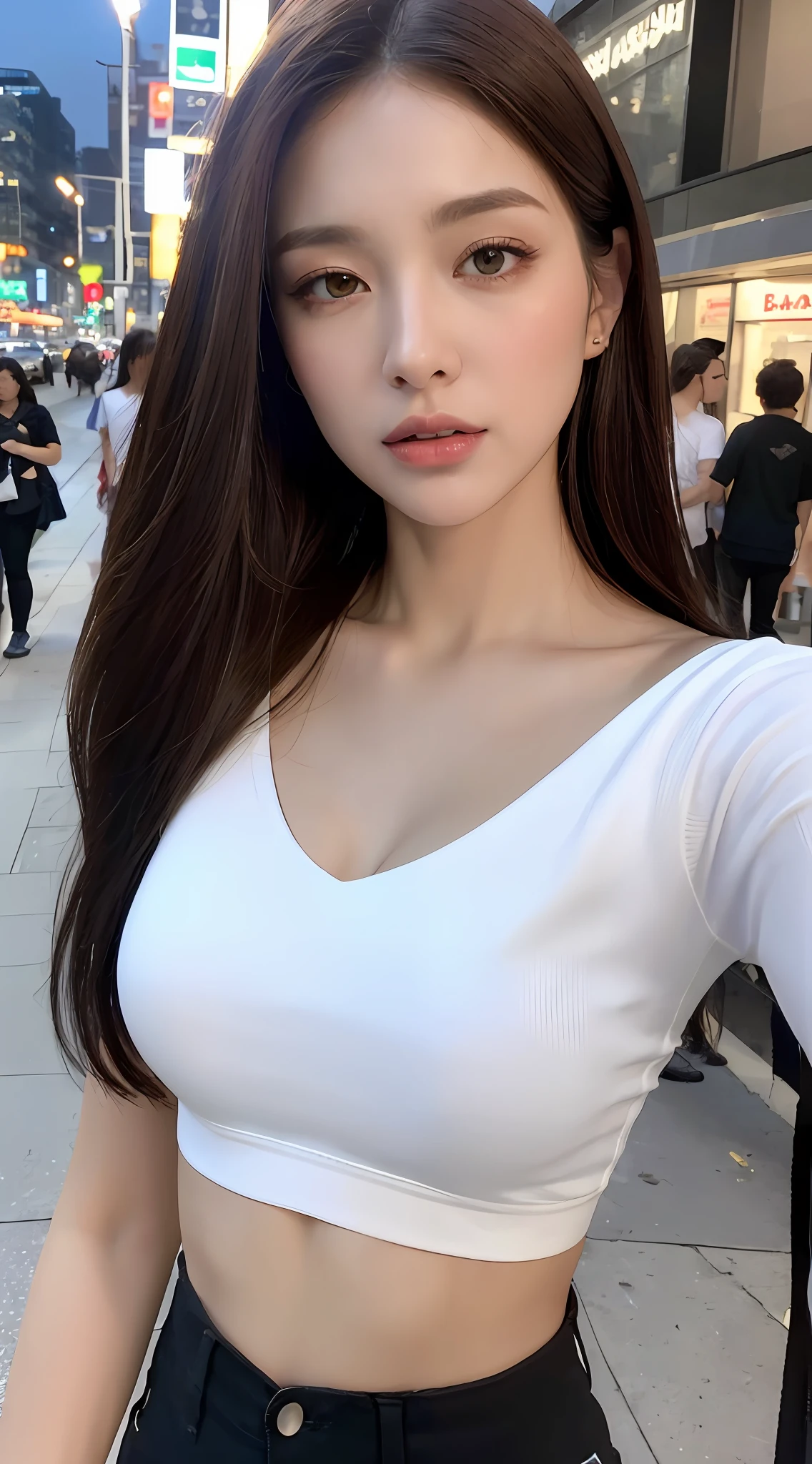 ((Realistic lighting, Best quality, 8K, Masterpiece: 1.3)), Clear focus: 1.2, 1girl, Perfect Figure: 1.4, Slim Abs: 1.1, ((Dark brown hair)), (White crop top: 1.4), (Outdoor, Night: 1.1), City streets, Super fine face, Fine eyes, Double eyelids,