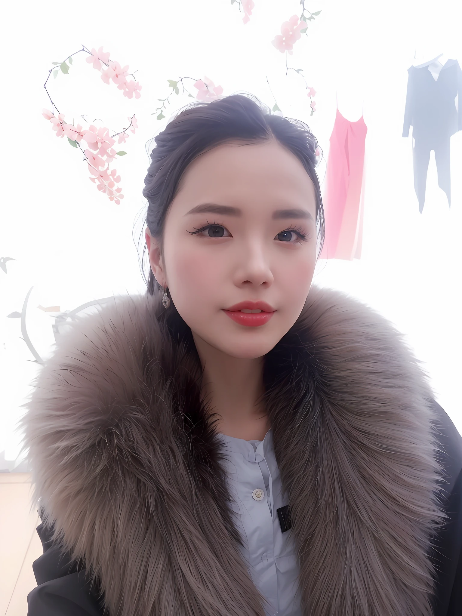 Allafed woman in fur collar and black jacket, beautiful korean woman, inspired by Shen Se-jung, korean woman, gorgeous korean young woman, beautiful korean young woman, ye wenfei, beautiful fox lady, korean girl, inspired by Yun Duxie, Chen Xintong, choi hyun-hwan, inspired by Wang Lu, big eyes, long eyelashes, plump, big eyes, long eyelashes, big breasts, full breasts, long hair