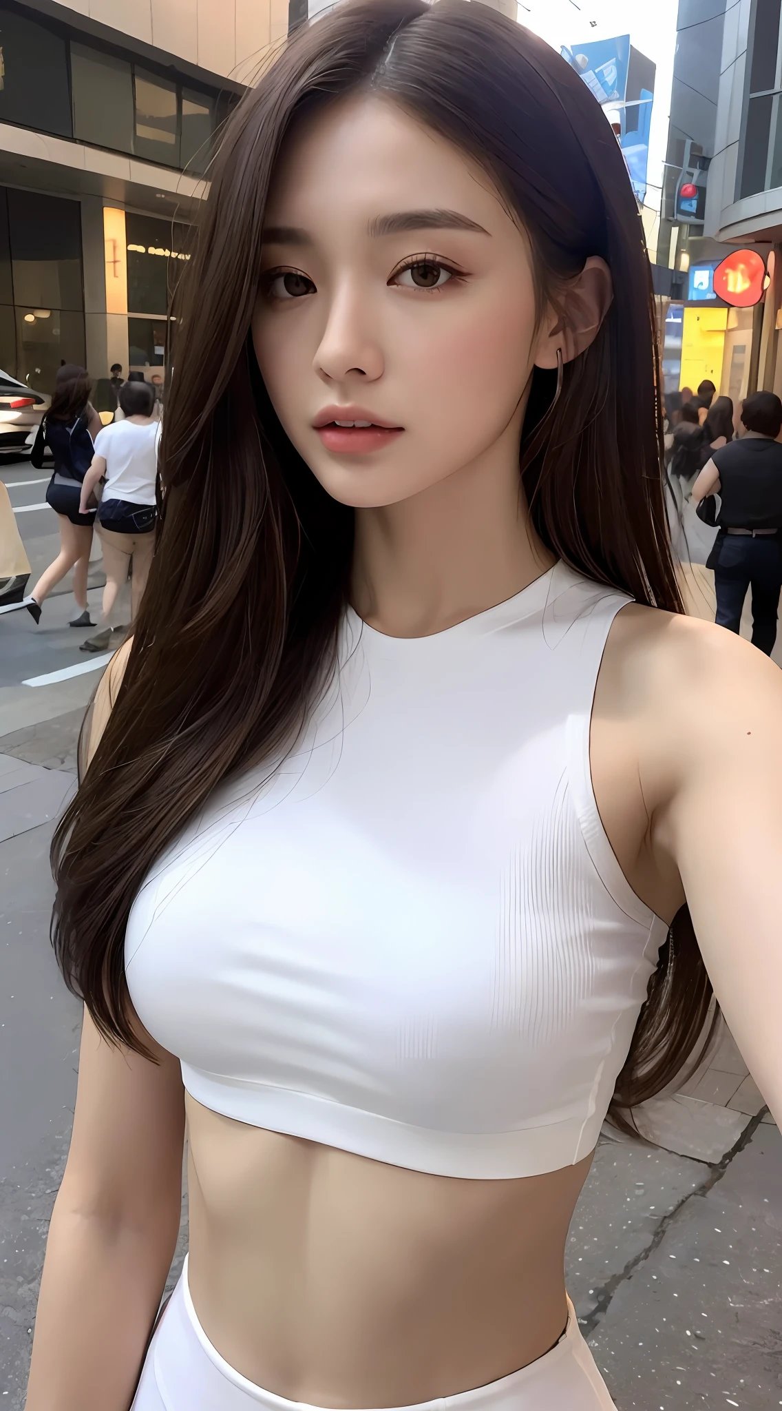 ((Realistic lighting, Best quality, 8K, Masterpiece: 1.3)), Clear focus: 1.2, 1girl, Perfect Figure: 1.4, Slim Abs: 1.1, ((Dark brown hair)), (White crop top: 1.4), (Outdoor, Night: 1.1), City streets, Super fine face, Fine eyes, Double eyelids,