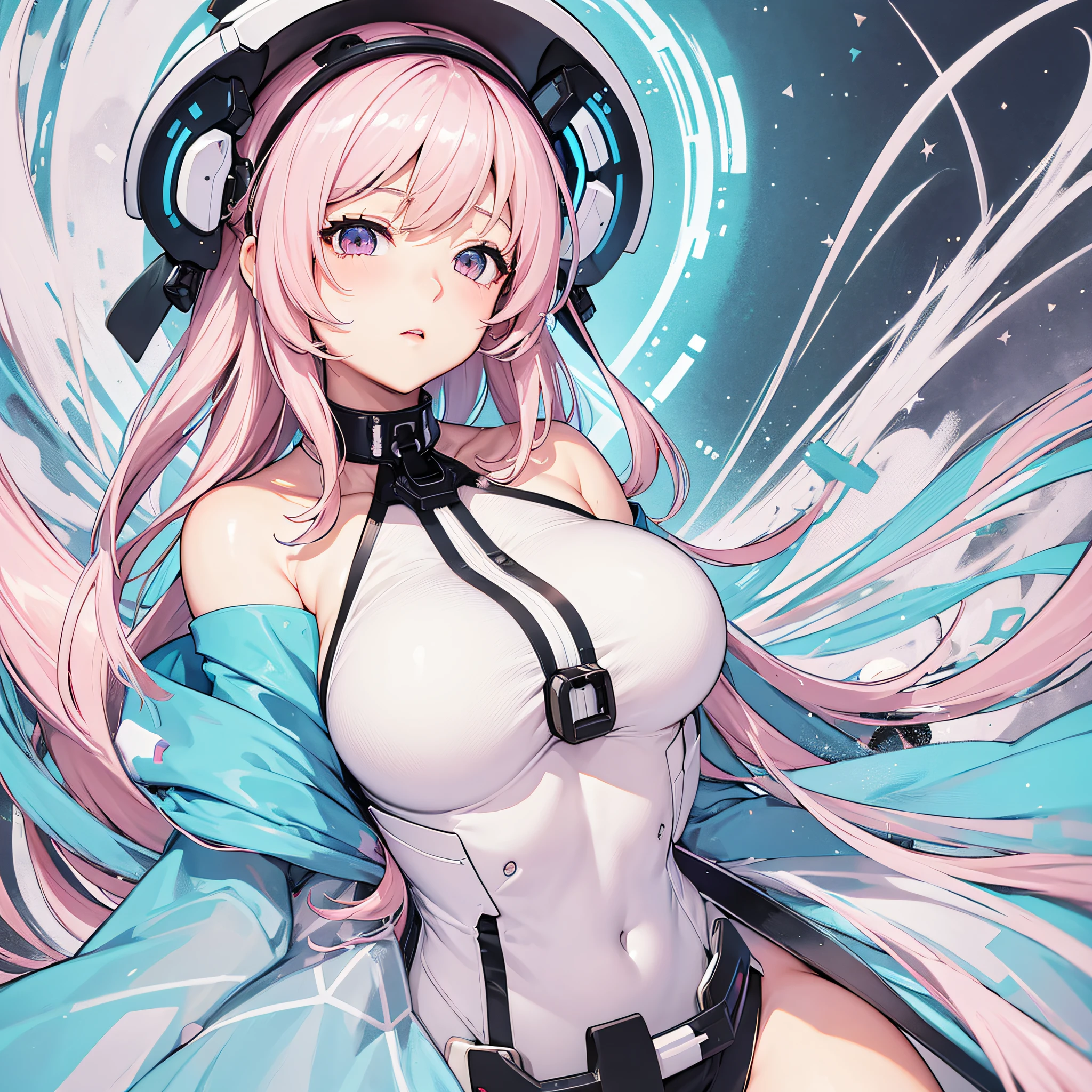 Unmanned, faceless, above the chest, neck, bare shoulders, anime girl, white and cyan costume, pale pink hair, big breasts --auto --s2