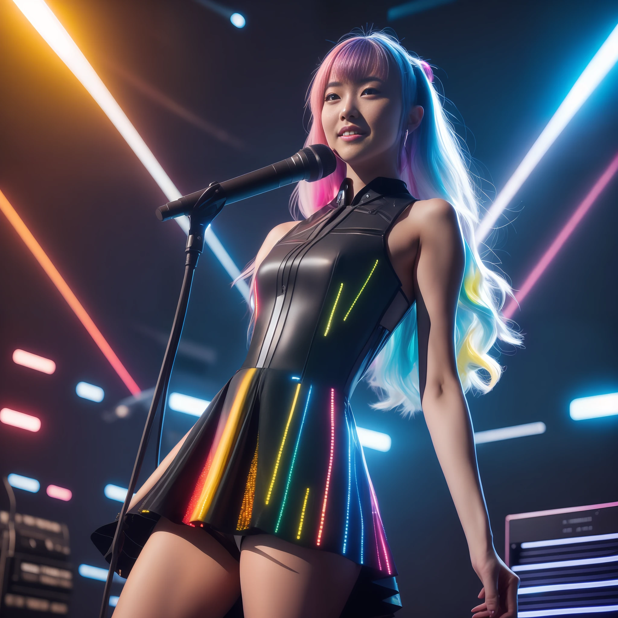 ((8k, RAW photos, best image quality, masterpiece,:1.2)), (realistic, photorealistic: 1.3),(depth of field: 1.2),18 years old beautiful Japan girl, dynamic angle,(1 person:1.3),1 girl,solo,sci-fi,futuristic idol, colorful and high-tech idol dress, glowing neon light idol dress, holographic clothing, reflective dress, techwear, volumetric lighting, glowing eyes, rainbow hair, long hair, flowing hair, cute smile, microphone, neon lights, neon rim lights, laser beam on stage, psyllium, spotlights, cowboy shots, moody lighting, concert venue, on stage, (audience around stage: 1.5), (singing with microphone on stage:1.5),Complex Detail,Cyberpunk,(Exploding Pixel Particles:1.2),Dynamic Lighting,From Below