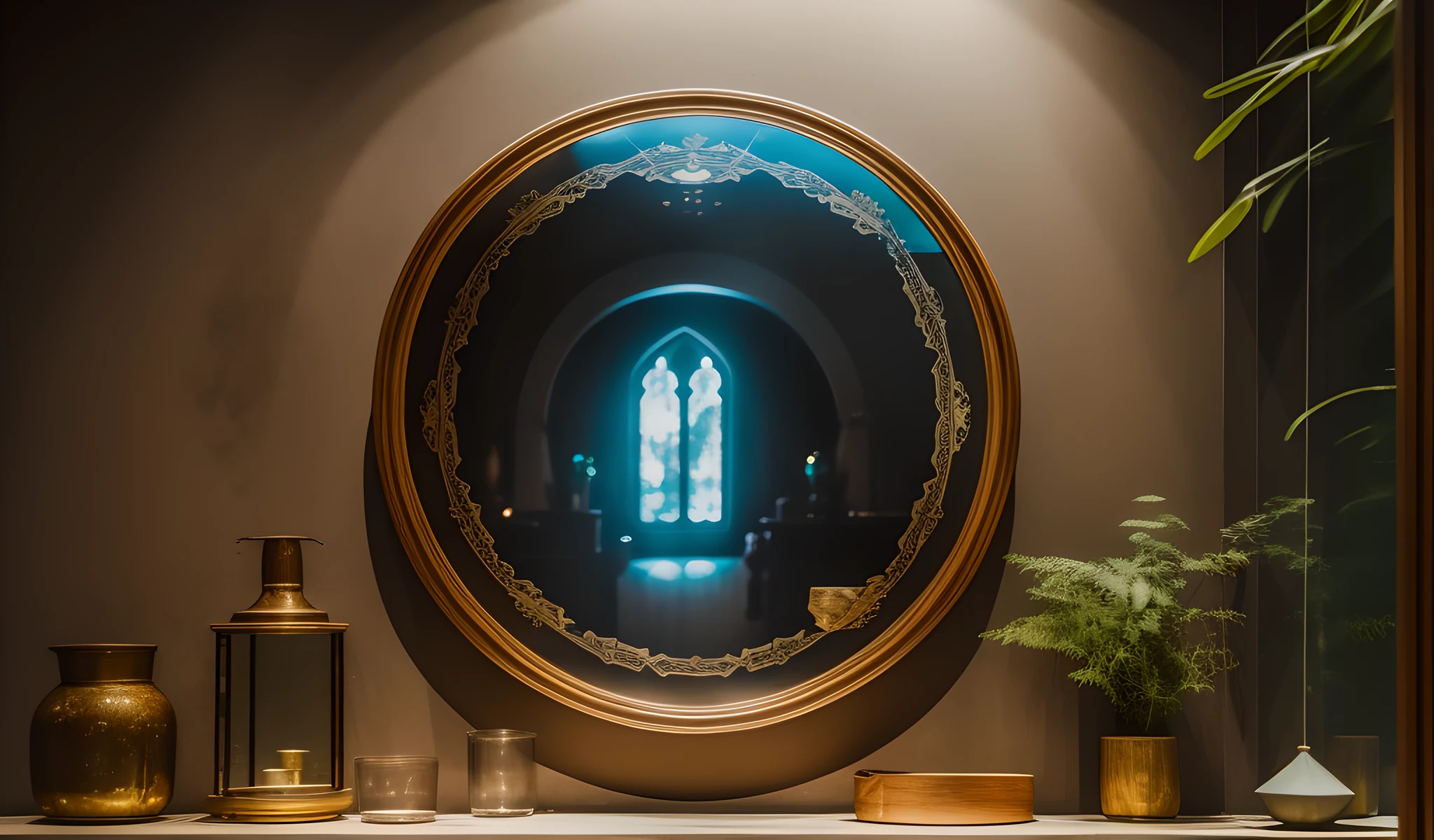 The magic mirror, reflecting the image of the traveler in a mysterious way.