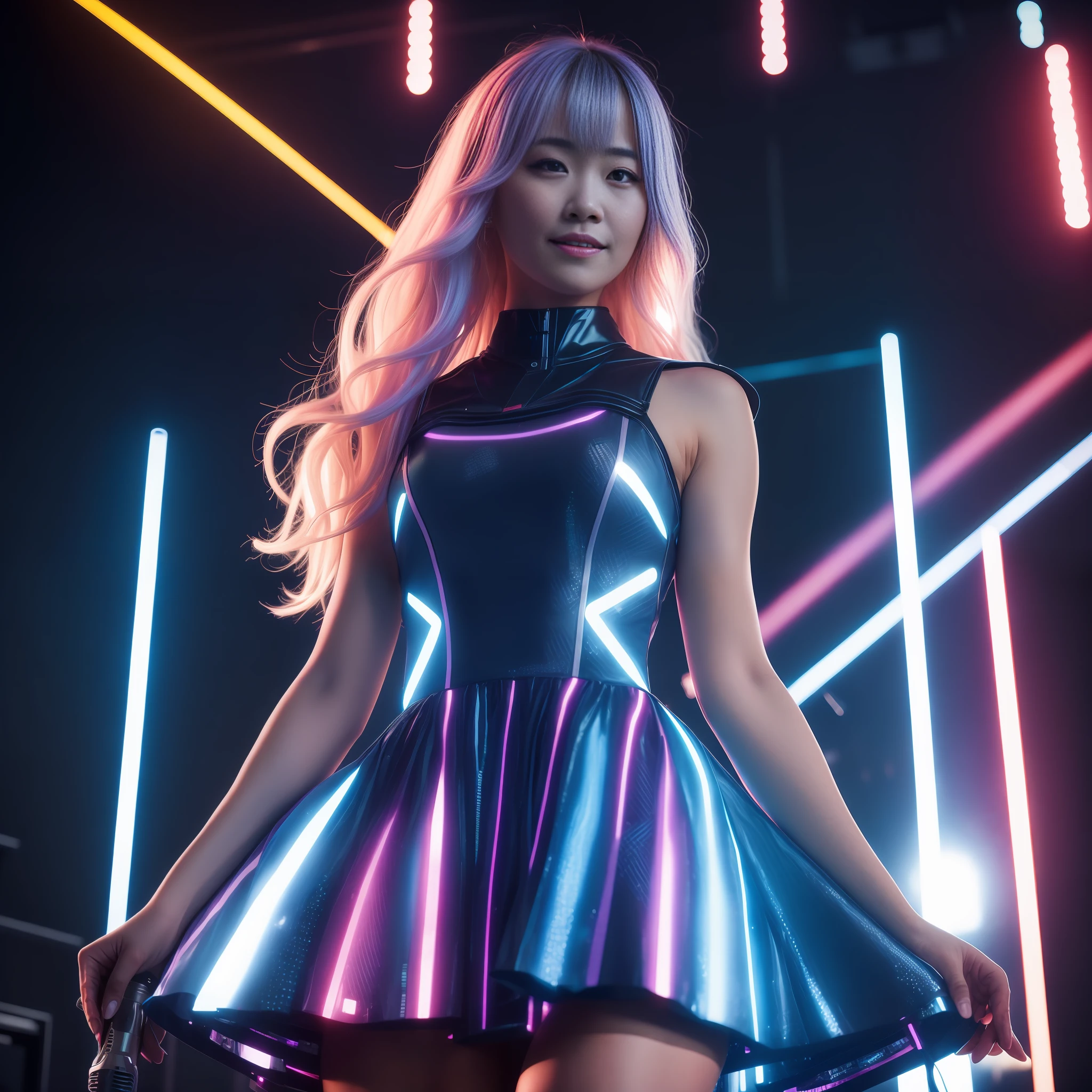 ((8k, RAW photos, best image quality, masterpiece,:1.2)), (realistic, photorealistic: 1.3),(depth of field: 1.2),18 years old beautiful Japan girl, dynamic angle,(1 person:1.3),1 girl,solo,sci-fi,futuristic idol, colorful and high-tech idol dress, glowing neon light idol dress, holographic clothing, reflective dress, techwear, volumetric lighting, glowing eyes, rainbow hair, long hair, flowing hair, cute smile, microphone, neon lights, neon rim lights, laser beam on stage, psyllium, spotlights, cowboy shots, moody lighting, concert venue, on stage, (audience around stage: 1.5), (singing with microphone on stage:1.5),Complex Detail,Cyberpunk,(Exploding Pixel Particles:1.2),Dynamic Lighting,From Below