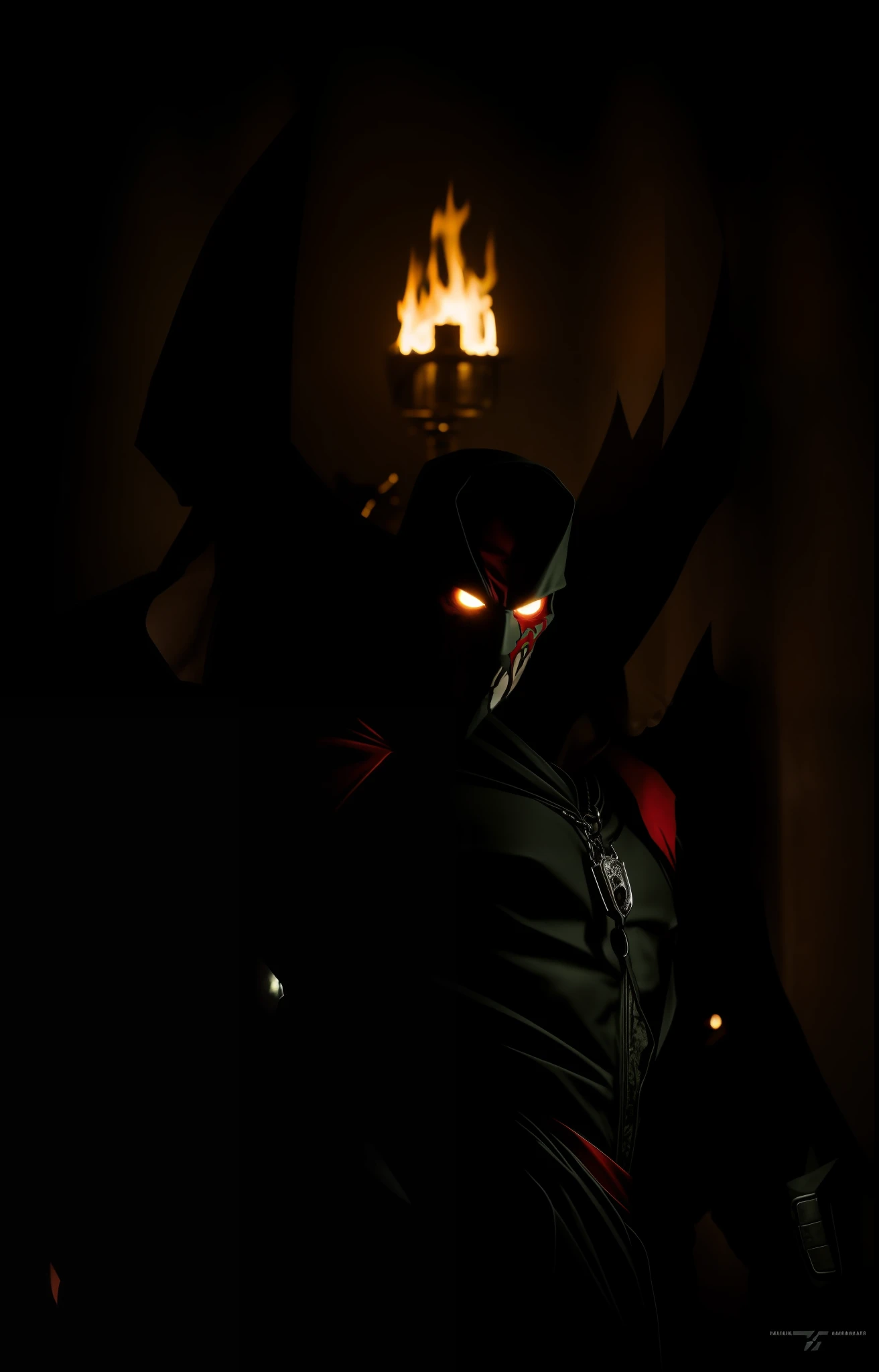 Copy reference image. RAW photo, a brutal portrait photo of Spawn, lighting around his body, posing, hero, cinematic lighting, ruined background, (highly detailed skin: 1.2), 8k uhd, dslr, black background with soft green lighting, high quality, film grain, Fujifilm XT3