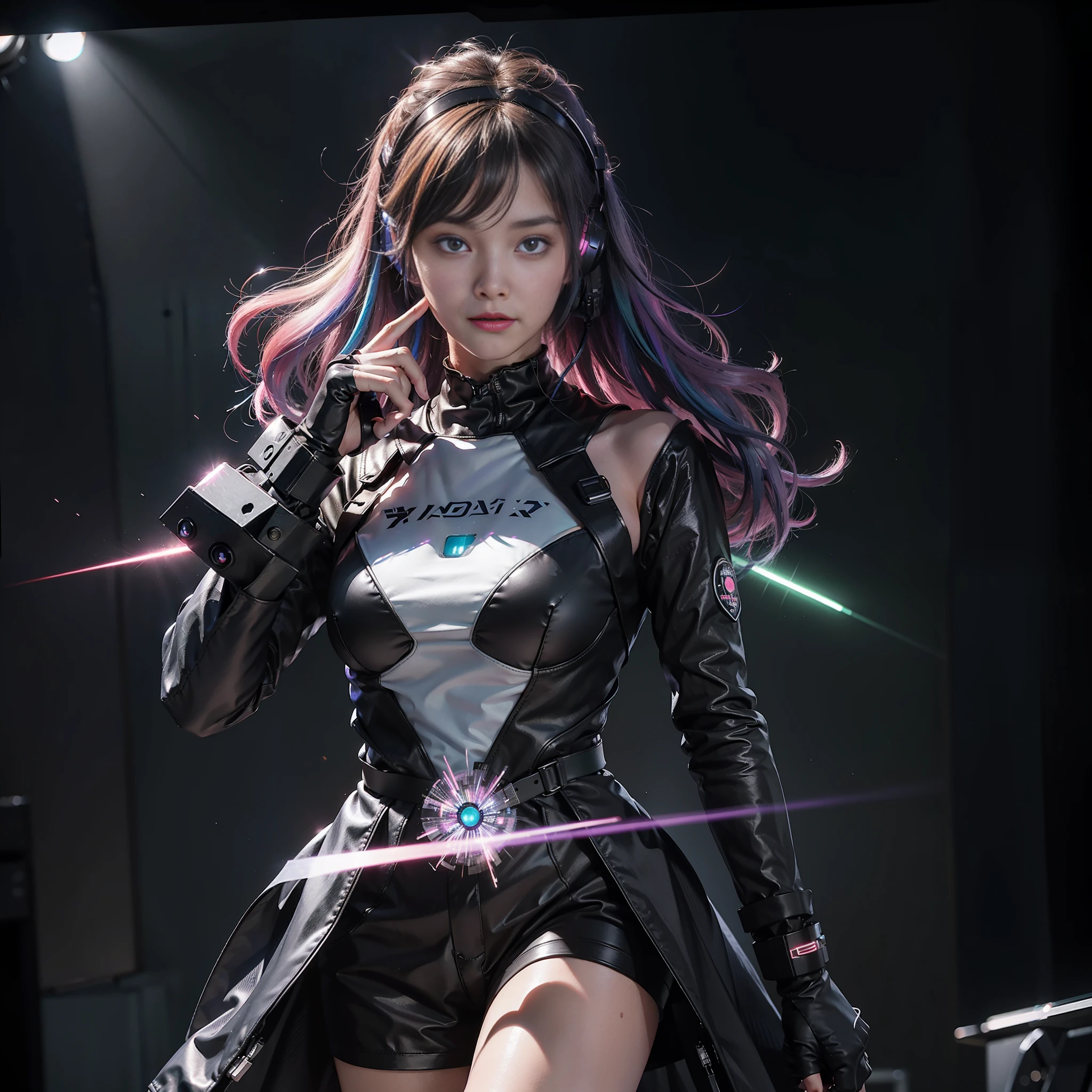 ((8k, RAW photos, best image quality, masterpiece,:1.2)), (realistic, photorealistic: 1.3),(depth of field: 1.2),18 years old beautiful Japan girl, dynamic angle,(1 person:1.3),1 girl,solo,sci-fi,futuristic idol, colorful and high-tech idol dress, glowing neon light idol dress, holographic clothing, reflective dress, techwear, volumetric lighting, glowing eyes, multicolored hair, flowing hair, (gradient neon color: 1.5), flash, real skin, hdr, fisheye, cute smile, microphone, cat ear headphones, neon lights, neon rim lights, laser beam on stage, psyllium, spotlight, cowboy shot, moody lighting, concert venue, On Stage, (Packed Arena Seats Background: 1.5), (Holding a microphone on stage: 1.5),Complex Detail,Cyberpunk,(Exploding Pixel Particles:1.2),Cinematic Lighting, Dynamic Lighting