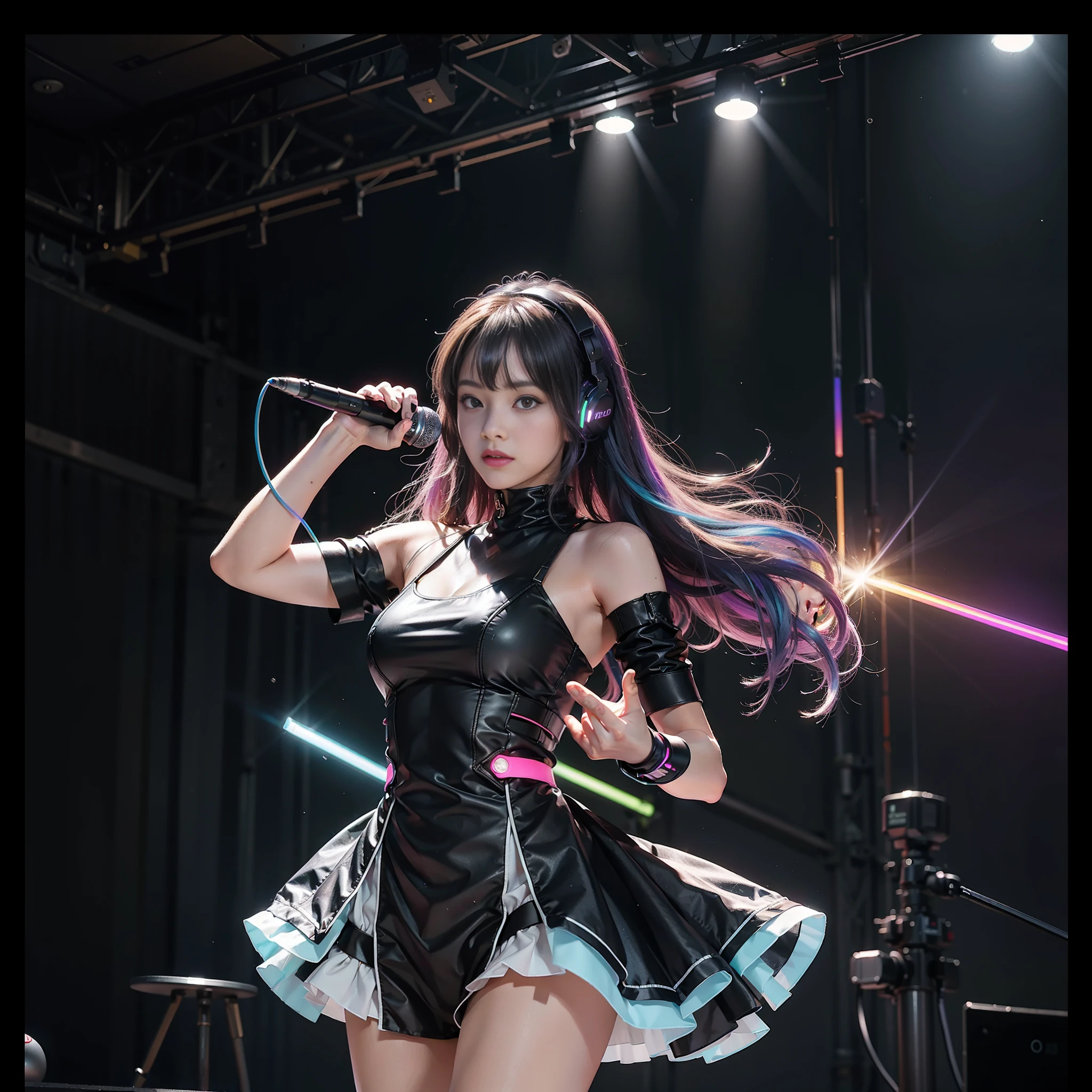 ((8k, RAW photos, best image quality, masterpiece,:1.2)), (realistic, photorealistic: 1.3),(depth of field: 1.2),18 years old beautiful Japan girl, dynamic angle,(1 person:1.3),1 girl,solo,sci-fi,futuristic idol, colorful and high-tech idol dress, glowing neon light idol dress, holographic clothing, reflective dress, techwear, volumetric lighting, glowing eyes, multicolored hair, flowing hair, (gradient neon color: 1.5), flash, real skin, hdr, fisheye, cute smile, microphone, cat ear headphones, neon lights, neon rim lights, laser beam on stage, psyllium, spotlight, cowboy shot, moody lighting, concert venue, On Stage, (Packed Arena Seats Background: 1.5), (Holding a microphone on stage: 1.5),Complex Detail,Cyberpunk,(Exploding Pixel Particles:1.2),Cinematic Lighting, Dynamic Lighting