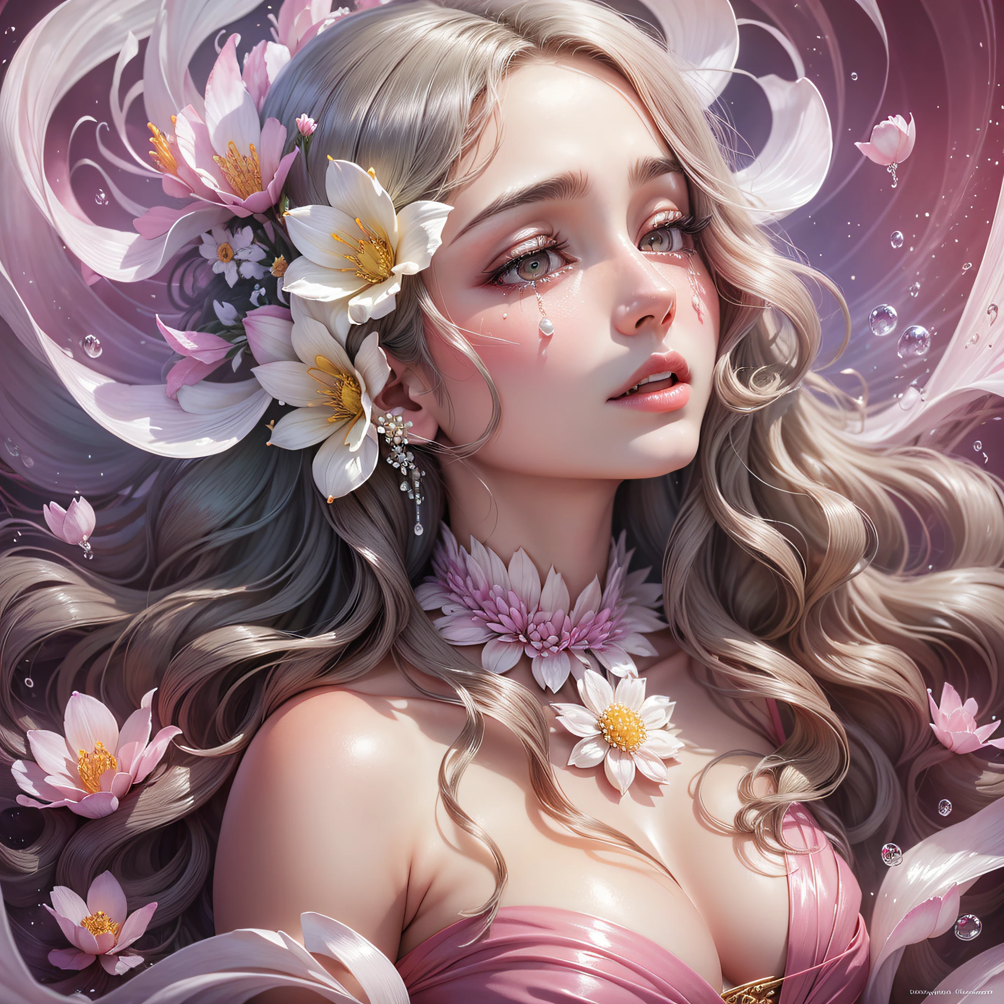 Divine flower, large wavy petals, pearls dripping like tears, gorgeous and gorgeous, backlit, midday, hyper-real, hyper-detailed, award-winning photo, ethereal, tyndall scattering, OC rendering --auto --s2