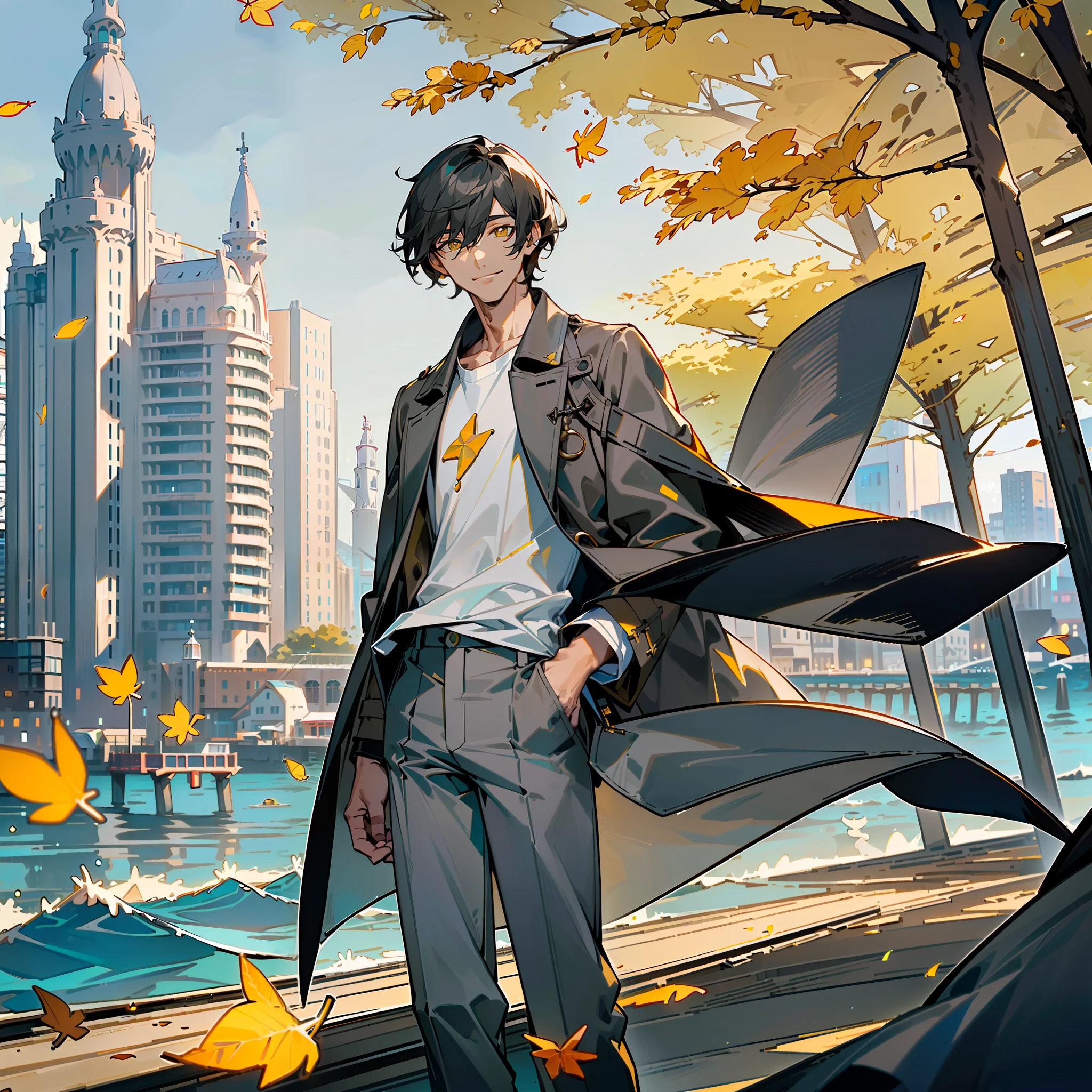 masterpiece, best quality, ultra realistic, photorealistic, high quality, human, handsome male, (((solo))), (male focus), mature, (black short hair), hair between eyes, slim, ((yellow pupils)), detailed eyes, front view, (clothing, (topwear: ((dark-gray coat), (white t-shirt)), bottomwear:(pants: dark gray), standing, detailed clothing, coat collar, tall, smiling, (((city seaside))), trees, falling leaves, (detailed background)
