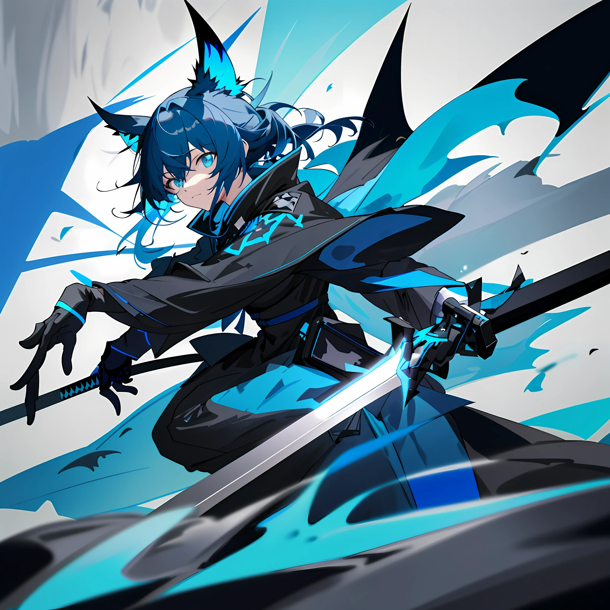a close up of a person in a costume with a sword, from arknights, lunar themed attire, blue and black scheme, black and cyan color scheme, black and blue scheme, wearing a black noble suit, by Yang J, one blue ) and huge bat ears, costume with blue accents, guweiz, arknights, astral witch clothes