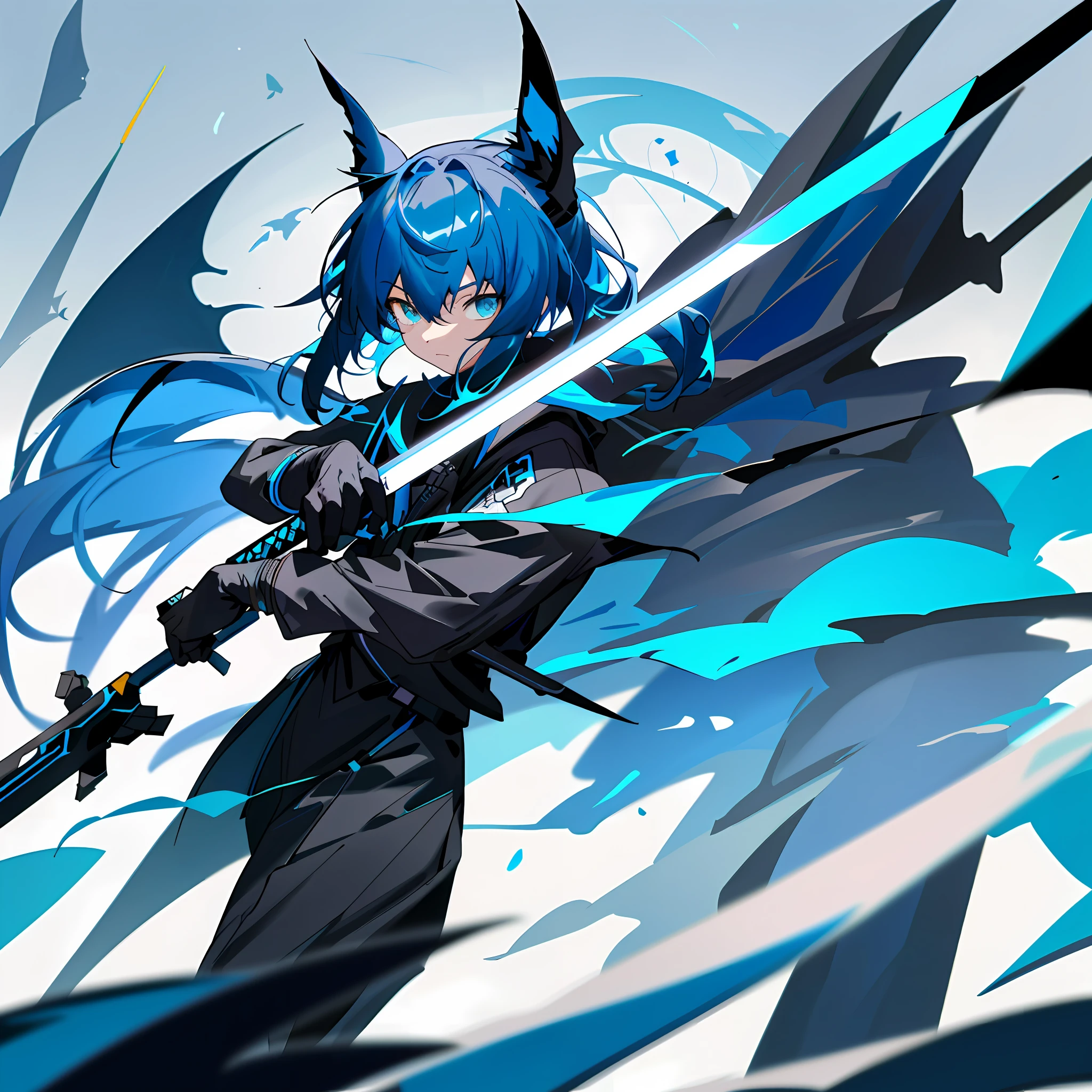 a close up of a person in a costume with a sword, from arknights, lunar themed attire, blue and black scheme, black and cyan color scheme, black and blue scheme, wearing a black noble suit, by Yang J, one blue ) and huge bat ears, costume with blue accents, guweiz, arknights, astral witch clothes