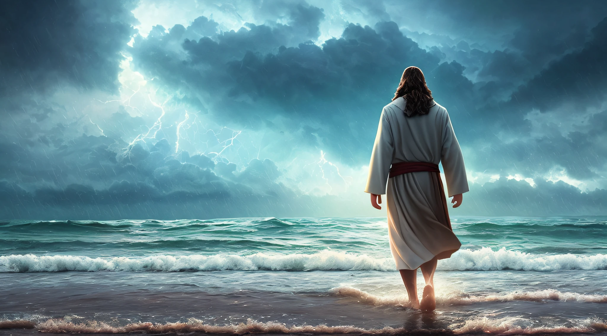 jesus walking on water praying in the middle of a storm, masterpiece, best quality, high quality, 8k unit wallpaper extremely detailed CG, award-winning photography, Bokeh, Depth of Field, HDR, bloom, chromatic aberration, photorealistic, extremely detailed, trend in artstation, trend in CGsociety, intricate, high detail, dramatic, art in the middle of the journey, volumetric lighting
