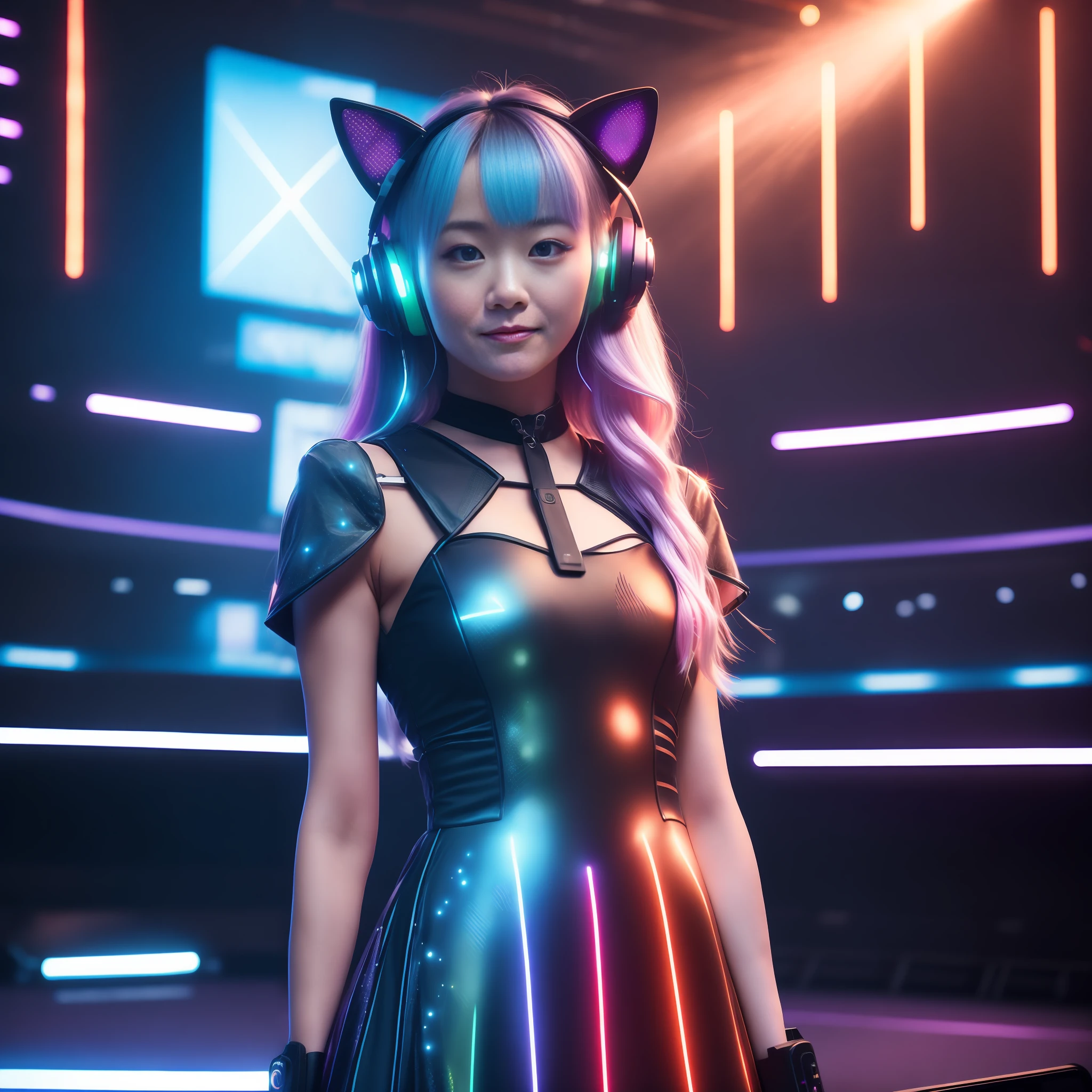 ((8k, RAW photos, best image quality, masterpiece,:1.2)), (realistic, photorealistic: 1.3),(depth of field: 1.2),18 years old beautiful Japan girl, dynamic angle,(1 person:1.3),1 girl,solo,sci-fi,futuristic idol, colorful and high-tech idol dress, glowing neon light idol dress, holographic clothing, reflective dress, techwear, volumetric lighting, glowing eyes, multicolored hair, flowing hair, (gradient neon color: 1.5), flash, real skin, hdr, fisheye, cute smile, microphone, cat ear headphones, neon lights, neon rim lights, laser beam on stage, psyllium, spotlight, cowboy shot, moody lighting, concert venue, On Stage, (Packed Arena Seats Background: 1.5), (Holding a microphone on stage: 1.5),Complex Detail,Cyberpunk,(Exploding Pixel Particles:1.2),Cinematic Lighting, Dynamic Lighting